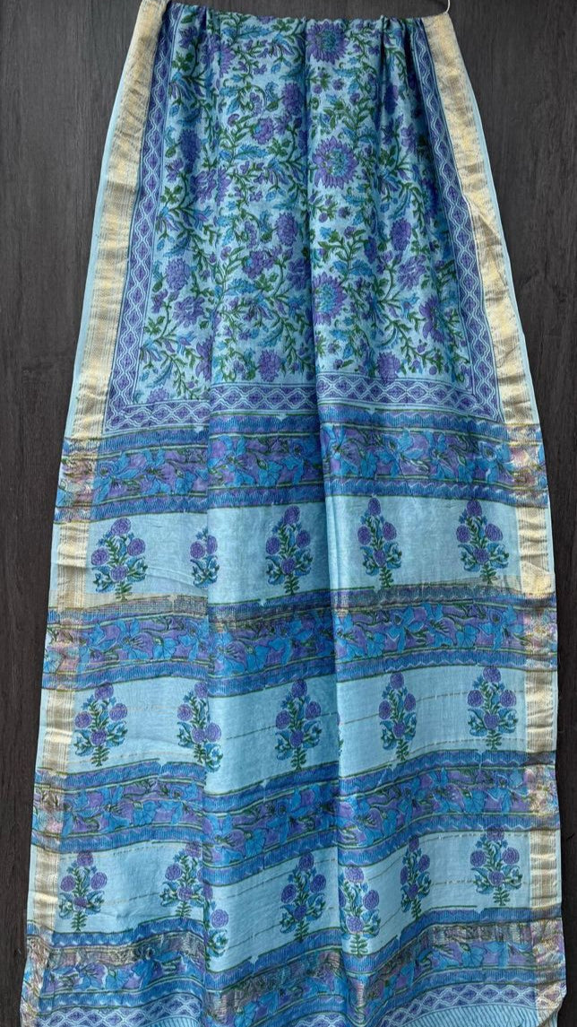Light Blue floral printed Maheshwari silk cotton saree