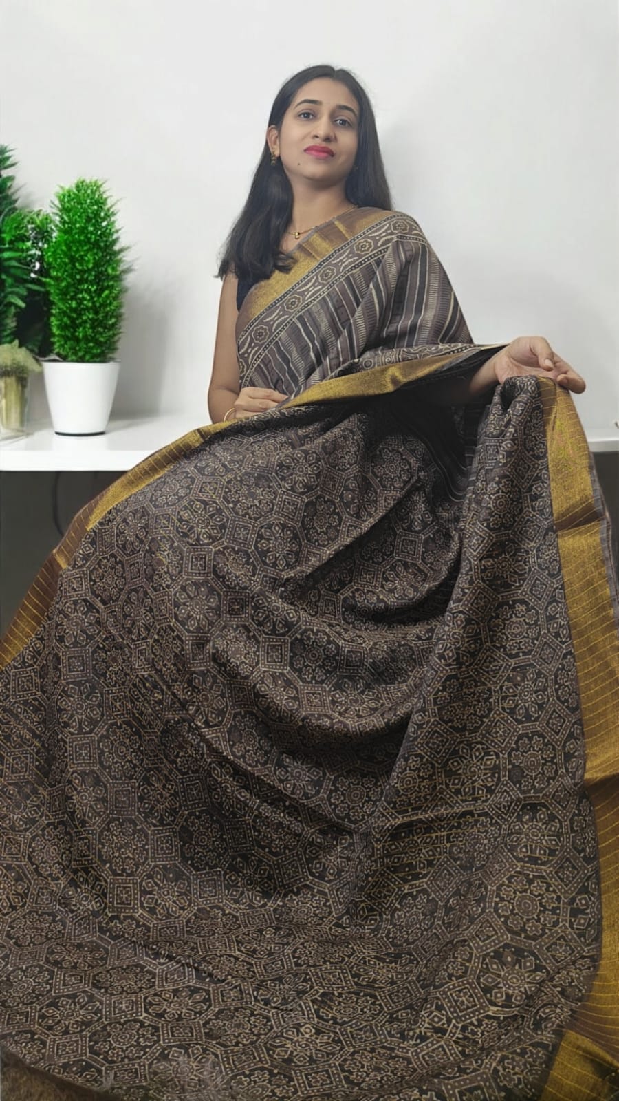 Ajrakh block print Linen cotton sarees