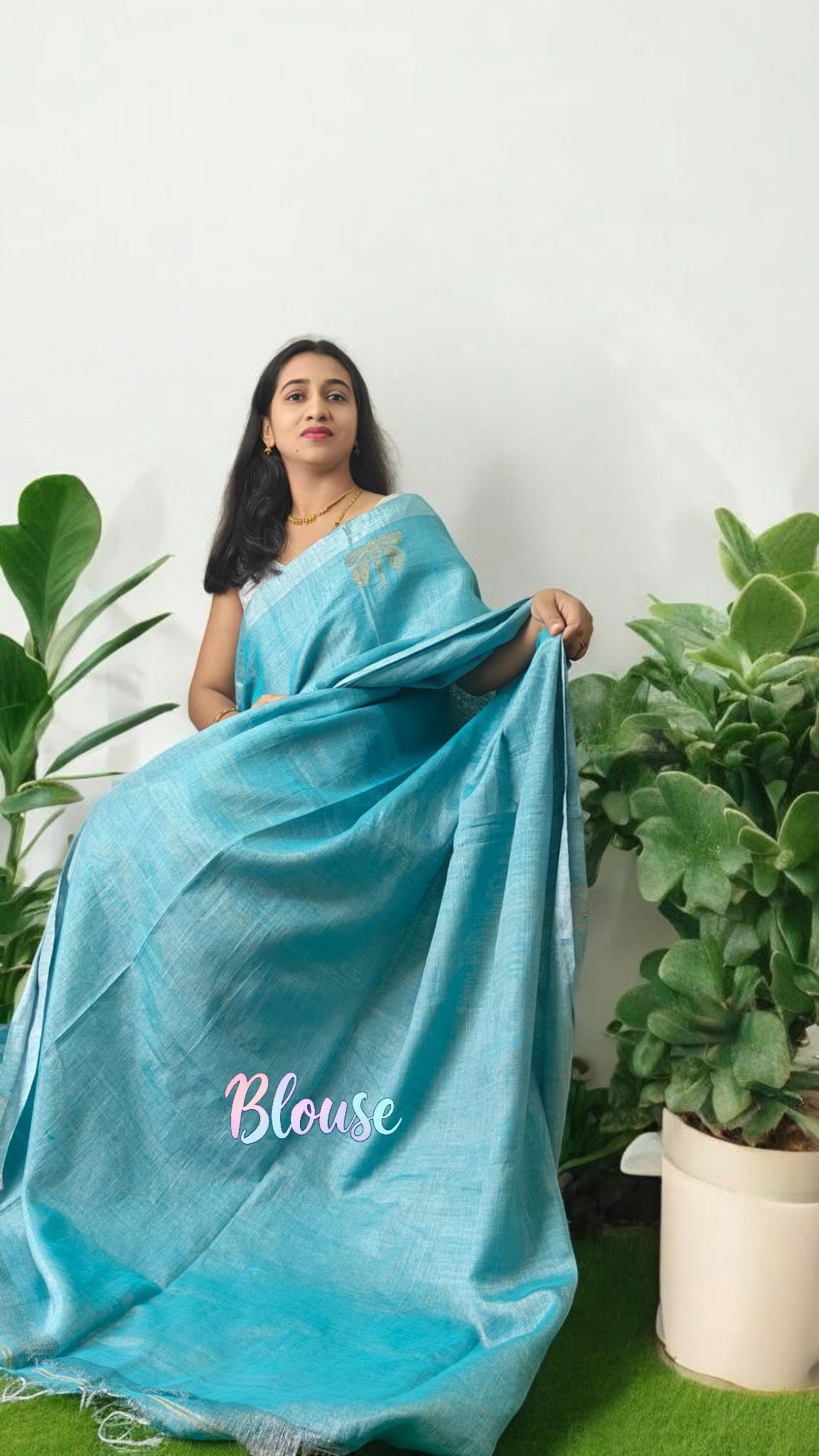 Pure metallic light blue linen saree
