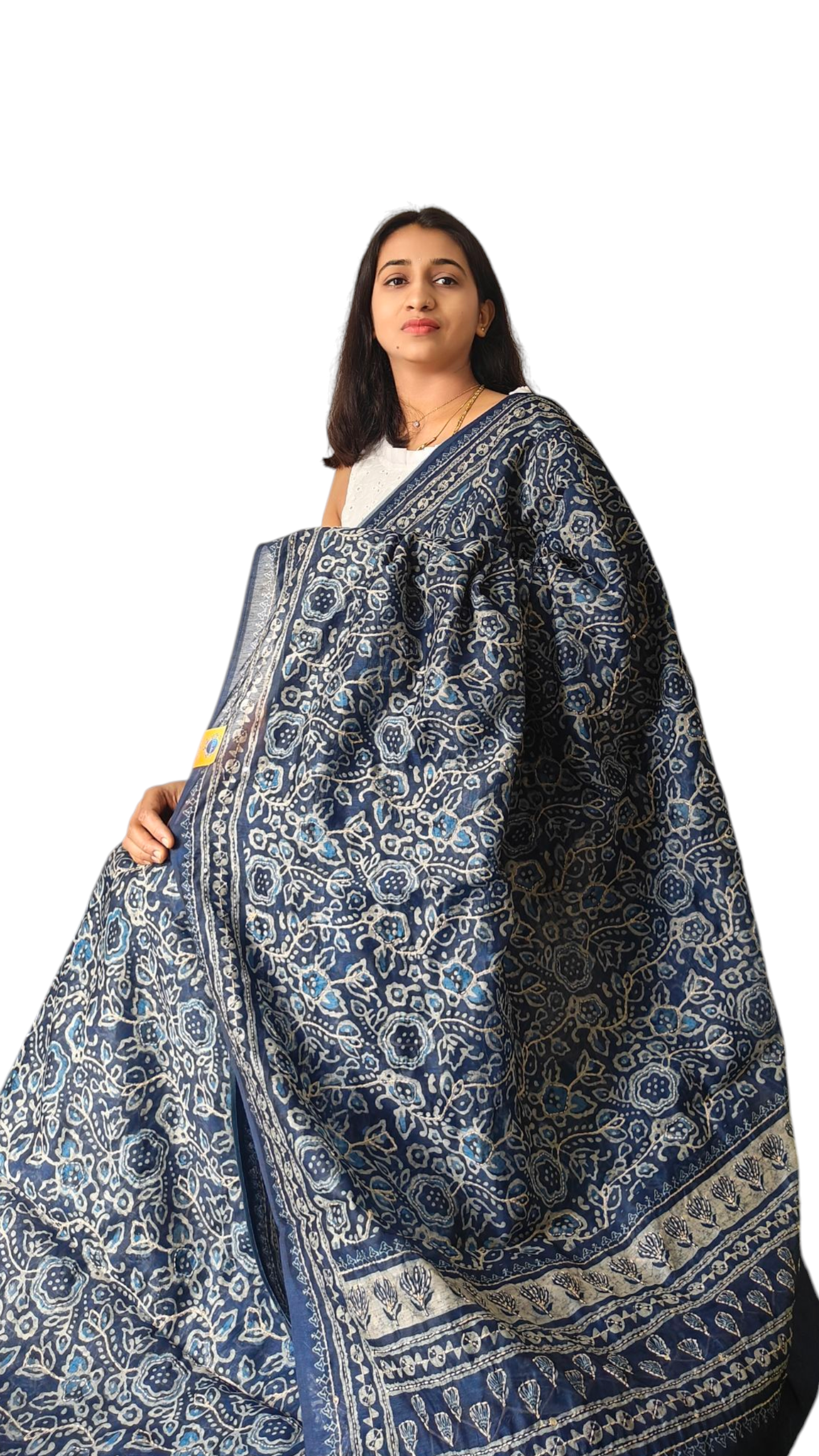 Indigo chanderi kantha work saree
