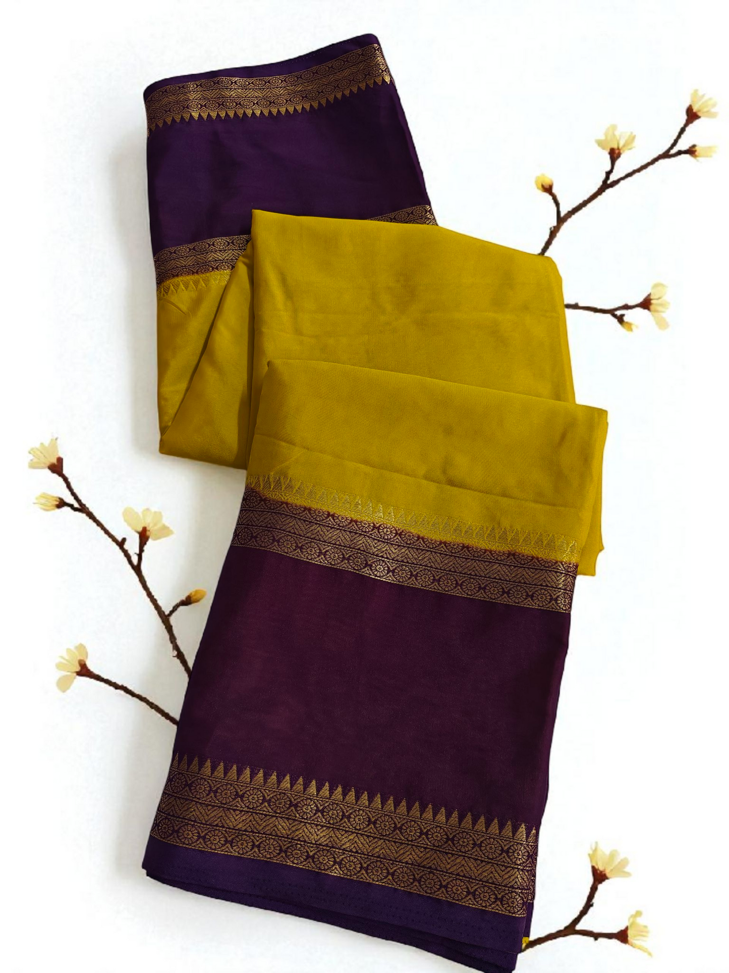 Mustard yellow & purple semi crepe silk