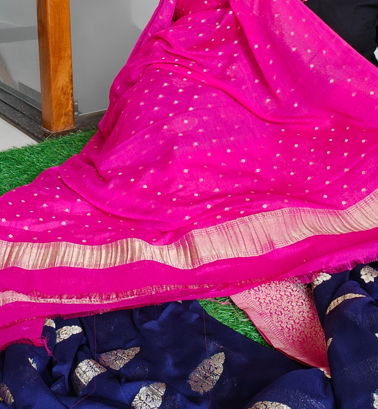 Navy blue & Pink Pure Chinnon silk