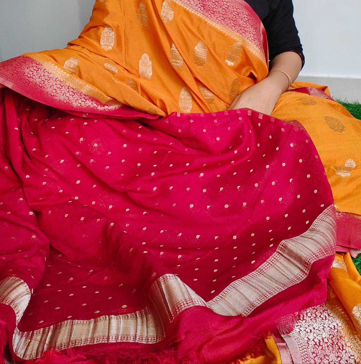 Golden Yellow & maroon Pure chinnon silk