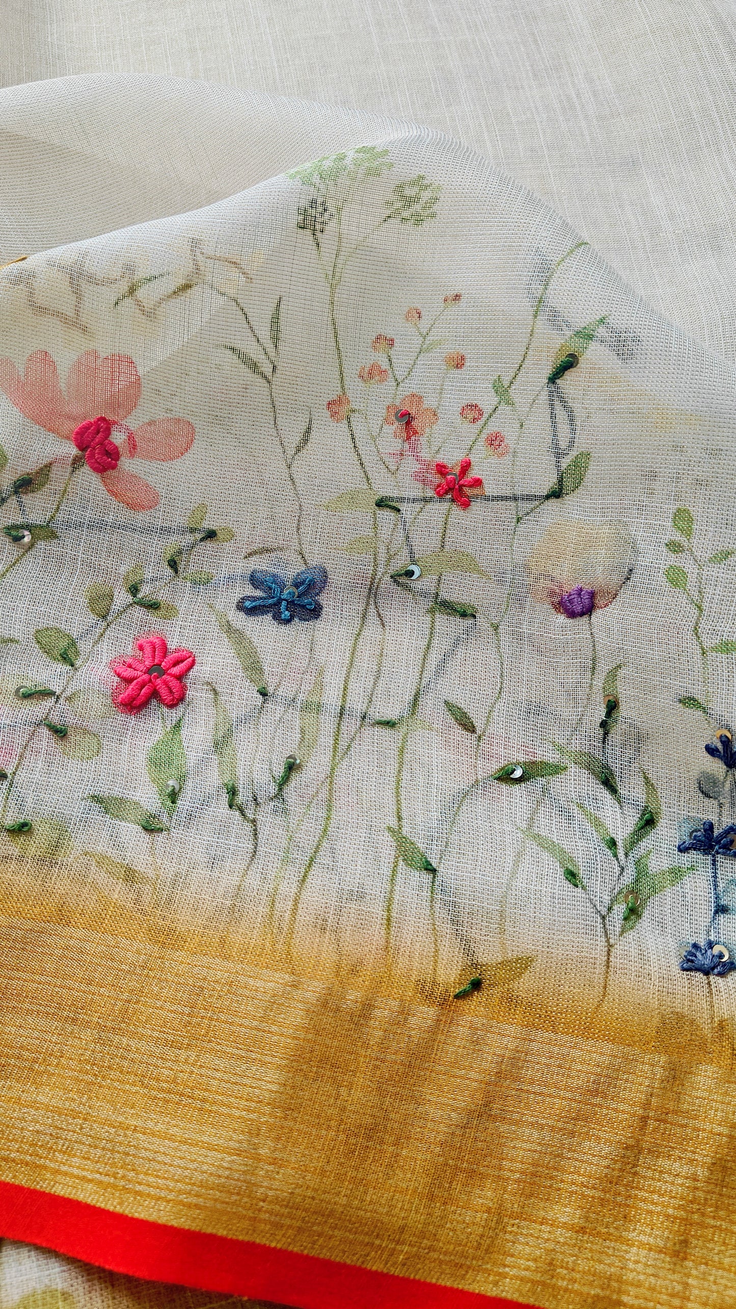 Golden white pure hand painted linen saree