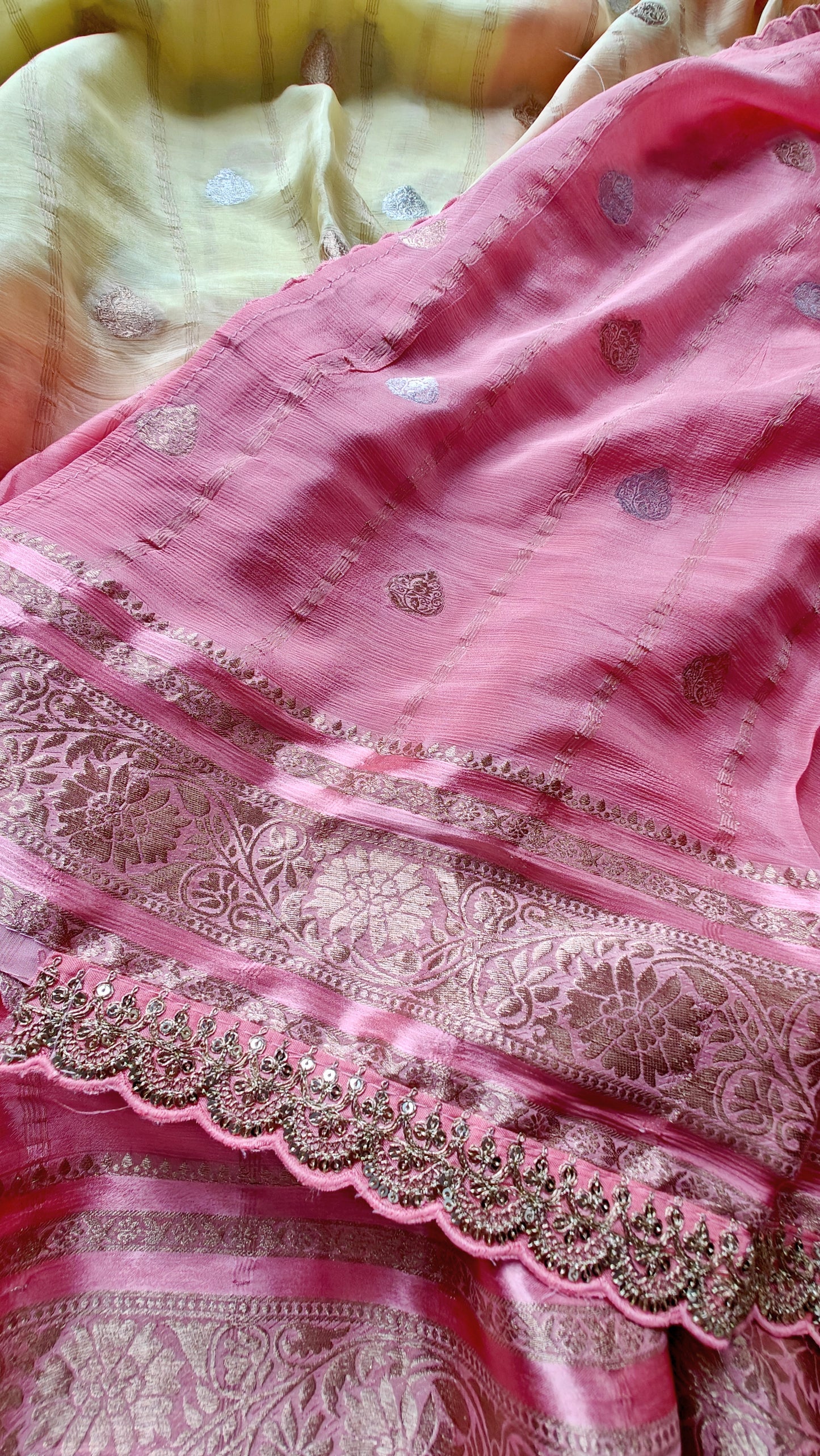 Yellow & peach pure chinnon silk