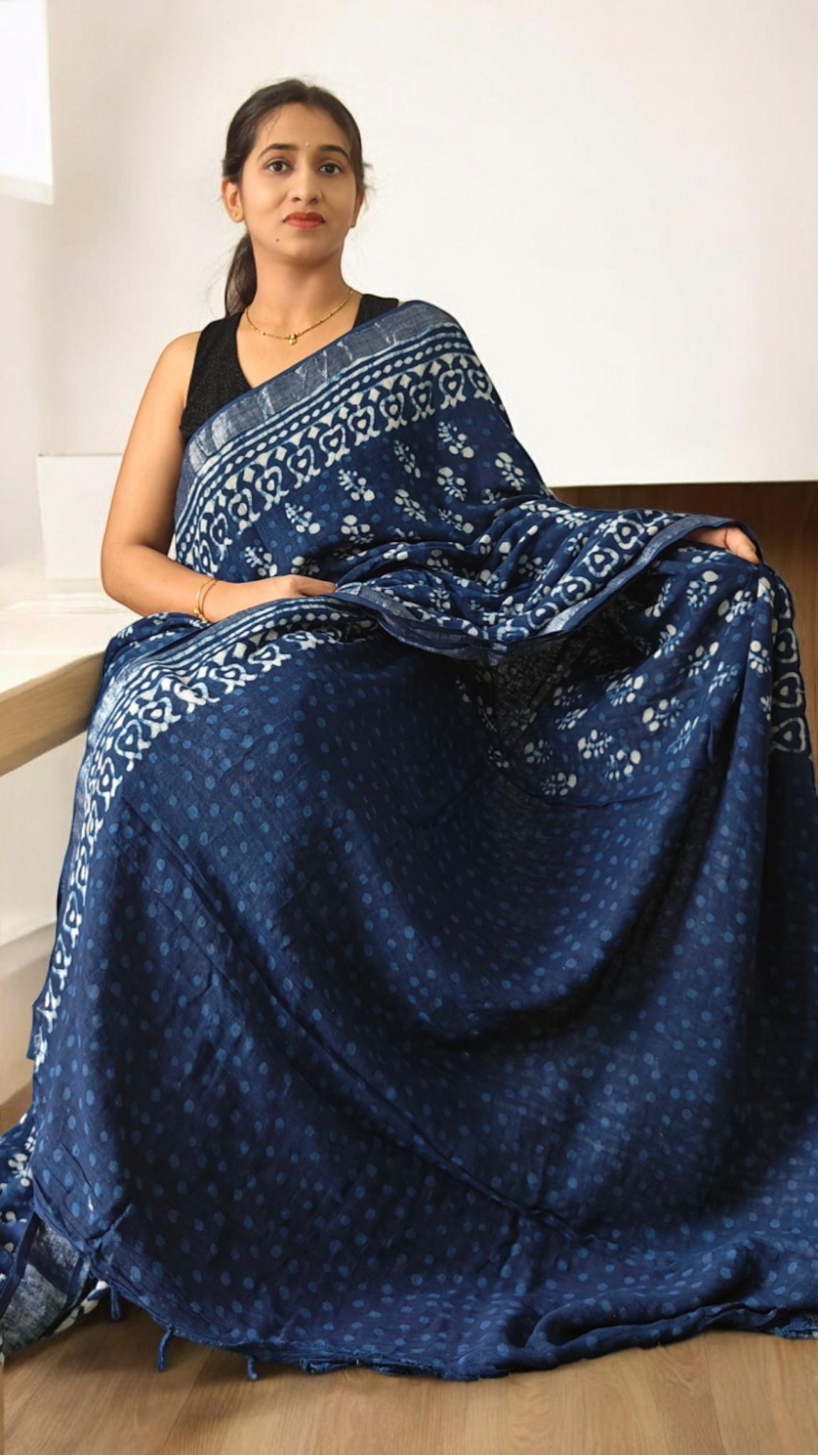 Aarna Indigo block print Linen saree