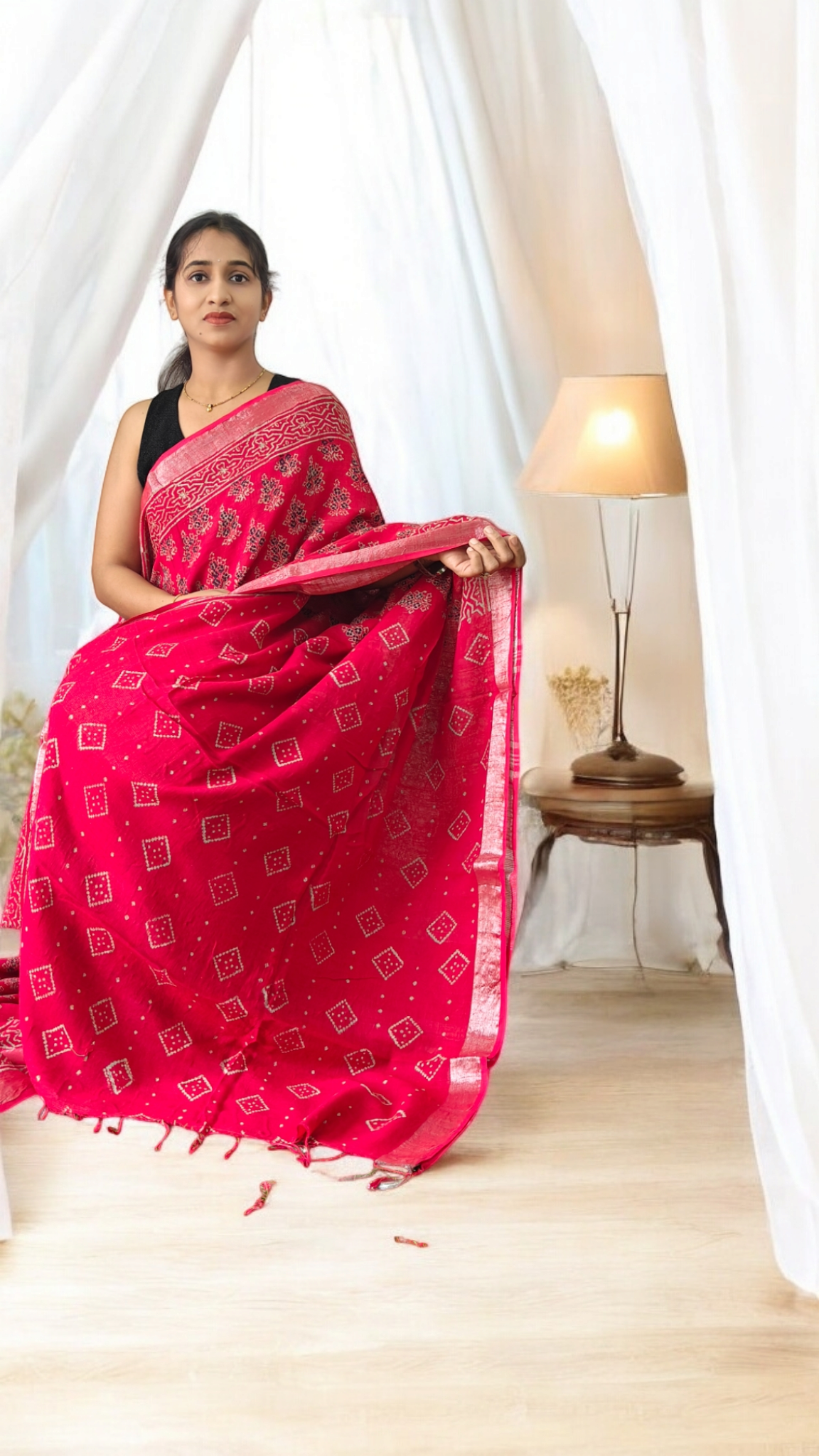 Aarna Red Block printed Linen Saree