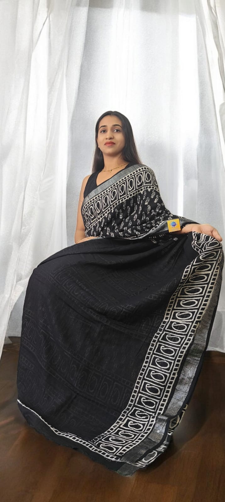 Aarna Black Hand block Linen saree