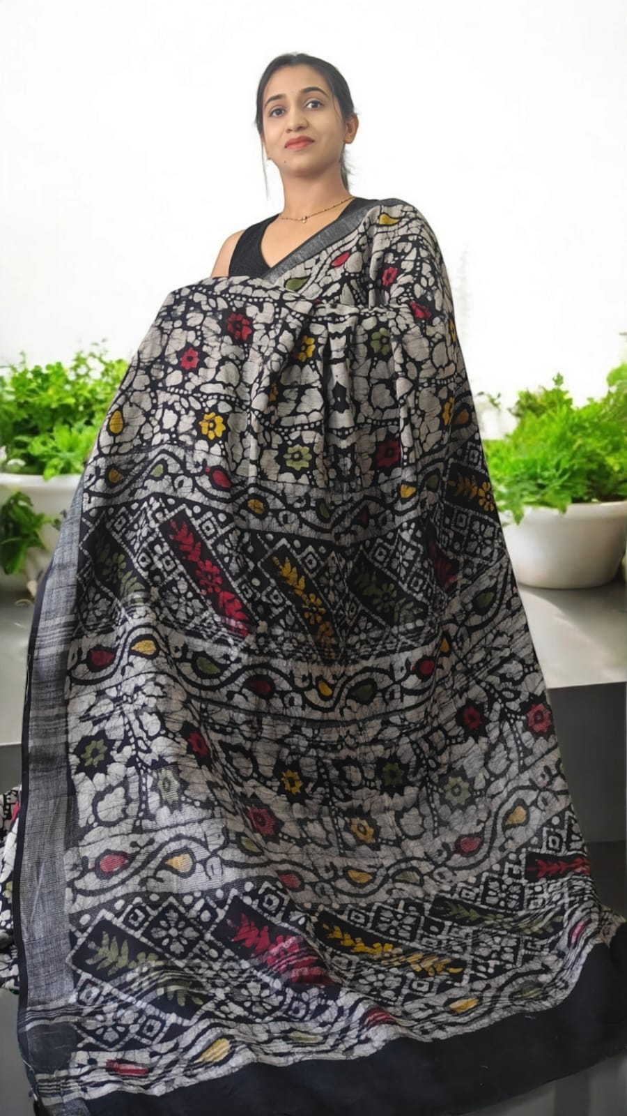 Aarna Grey hand block Linen saree