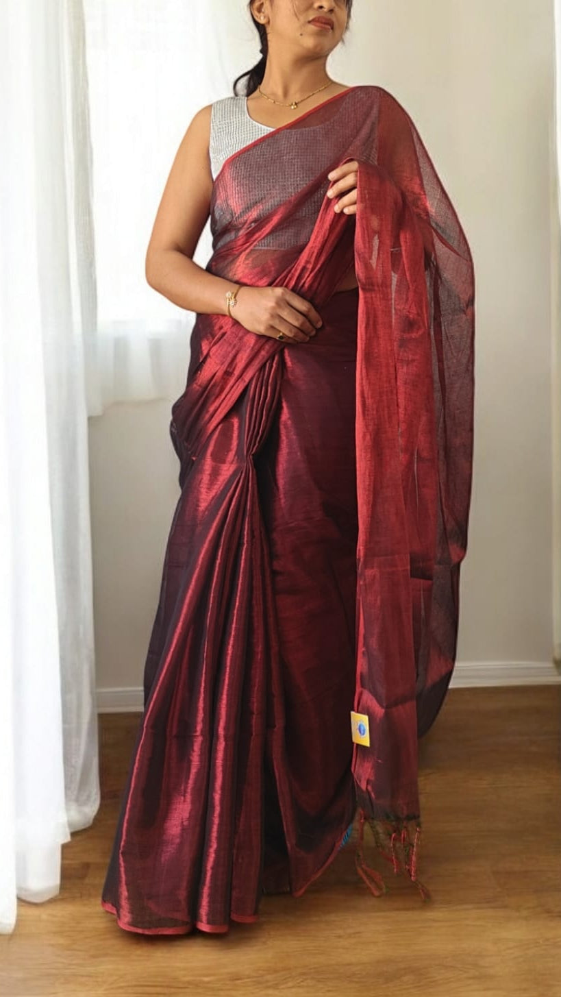 Metallic Deep Maroon Linen Saree