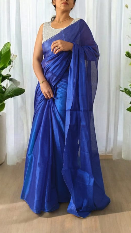 Metallic Dark Blue Linen tissue saree