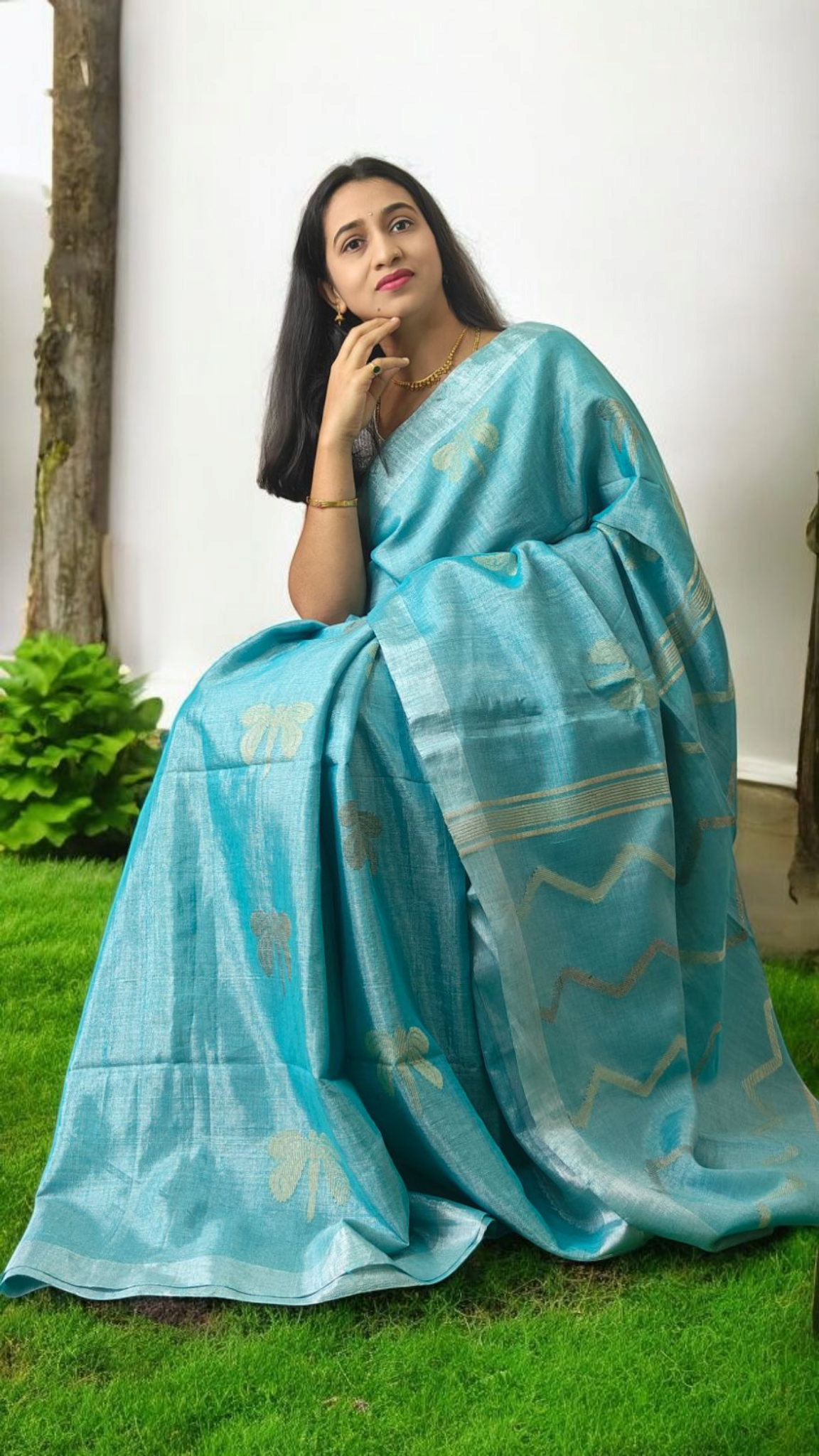 Pure metallic light blue linen saree