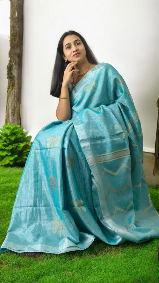 Pure metallic light blue linen saree