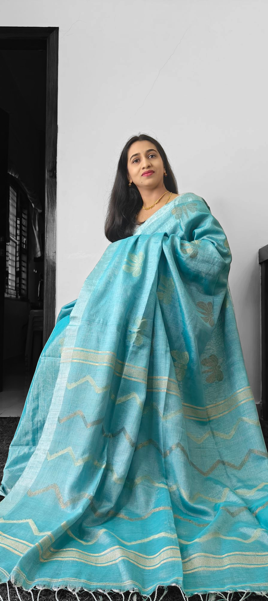 Pure metallic light blue linen saree