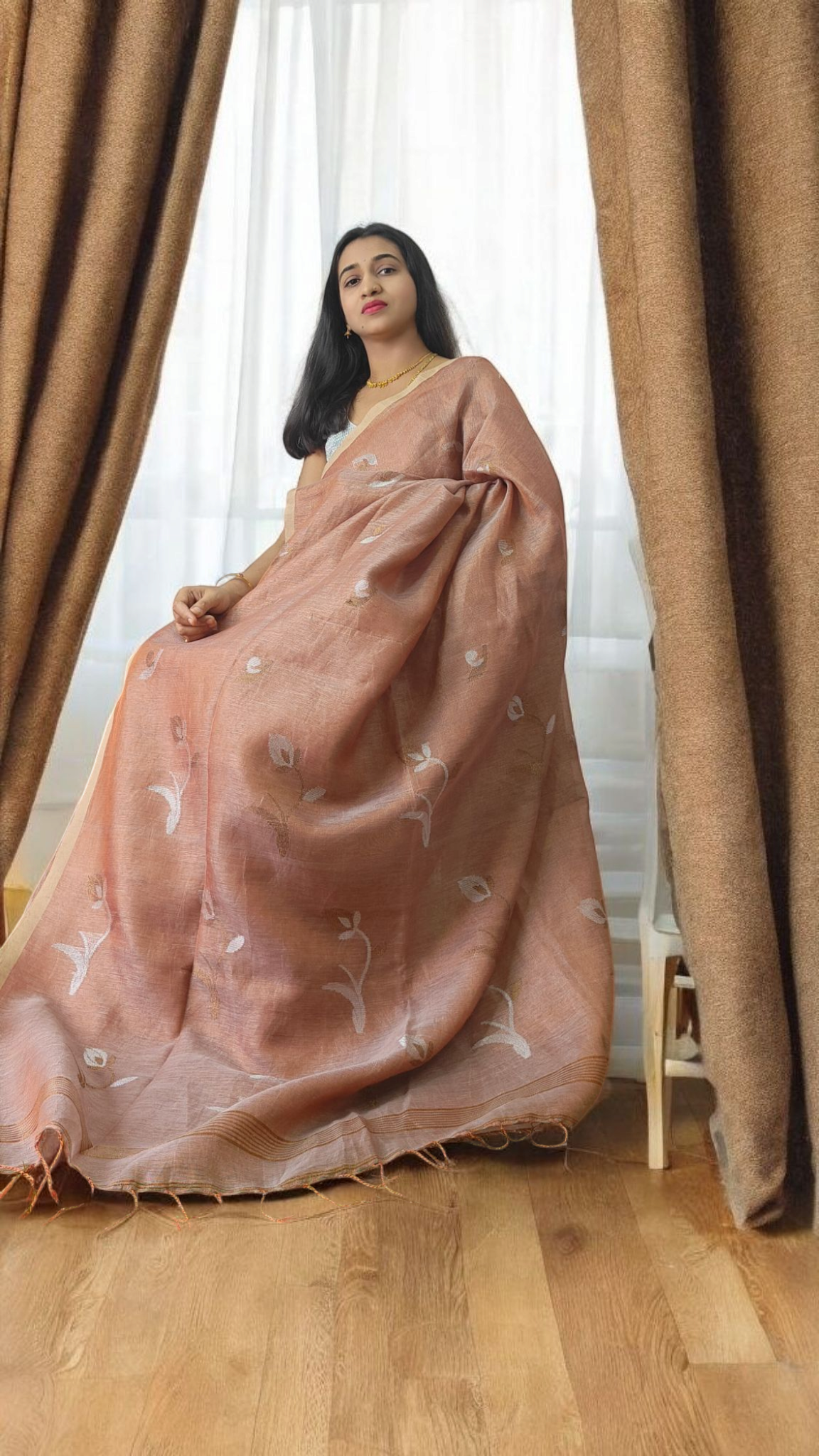 Metallic bronze Pure metallic linen saree