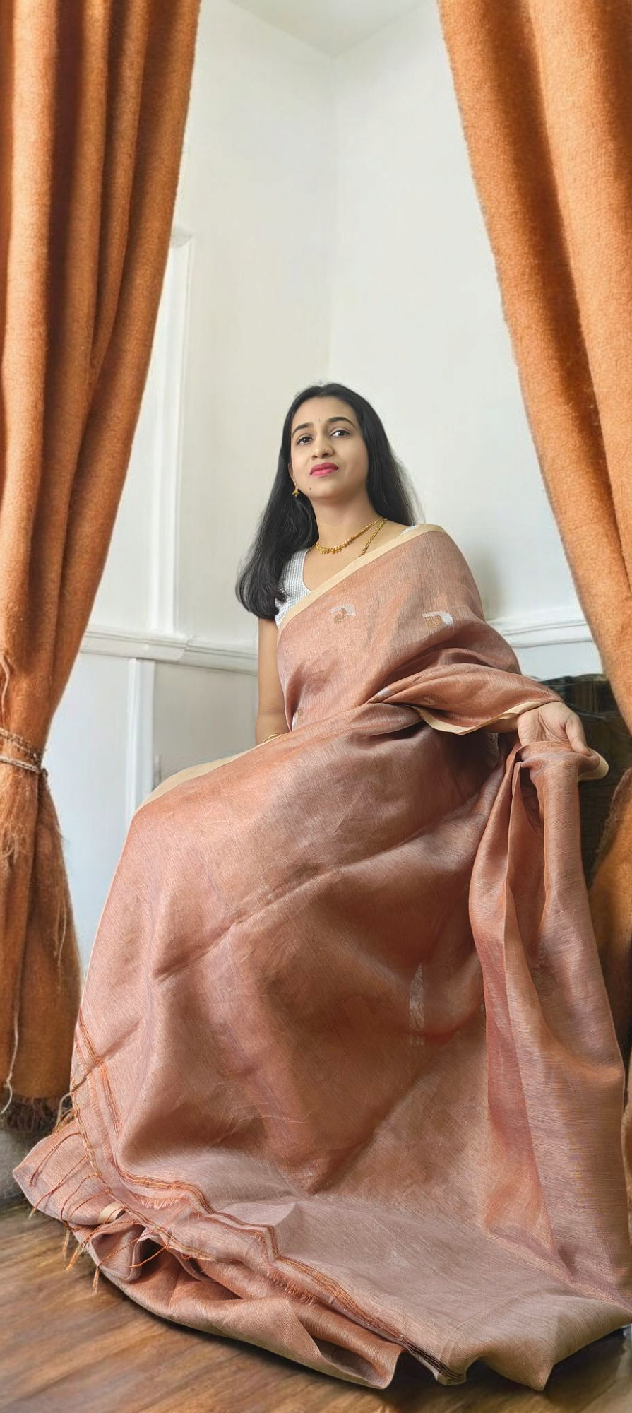 Metallic bronze Pure metallic linen saree