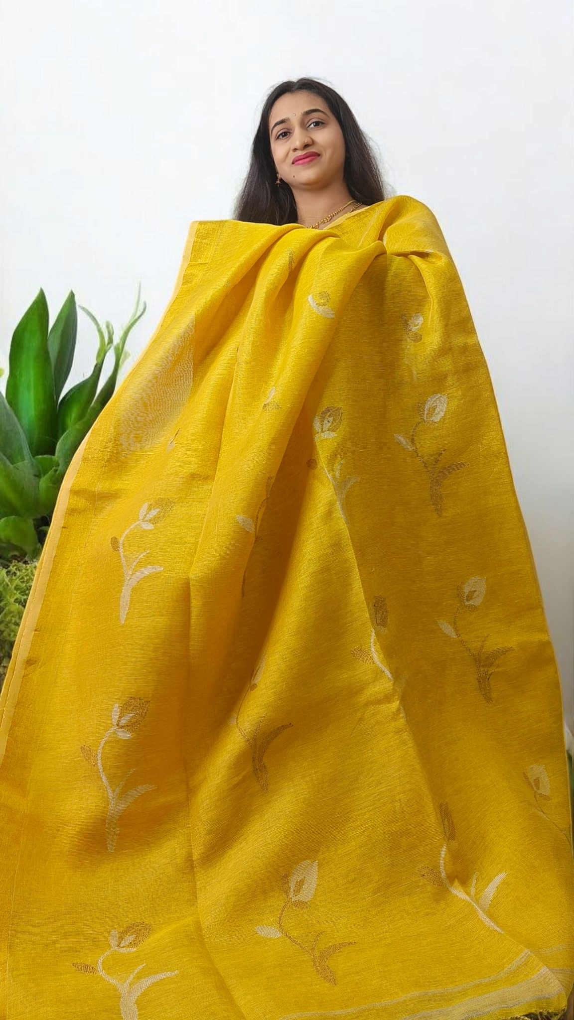 Golden Yellow pure metallic linen saree