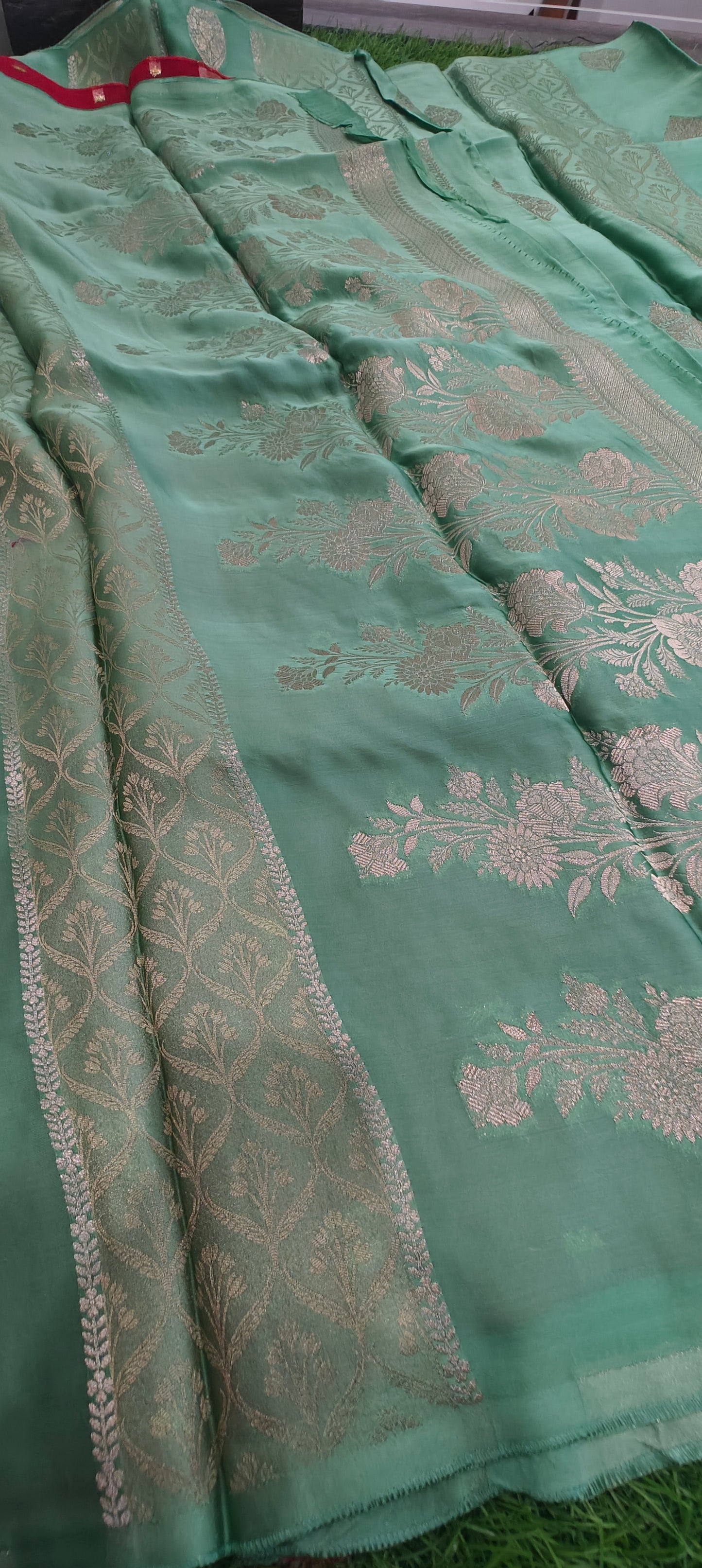 sea green pure satin silk saree