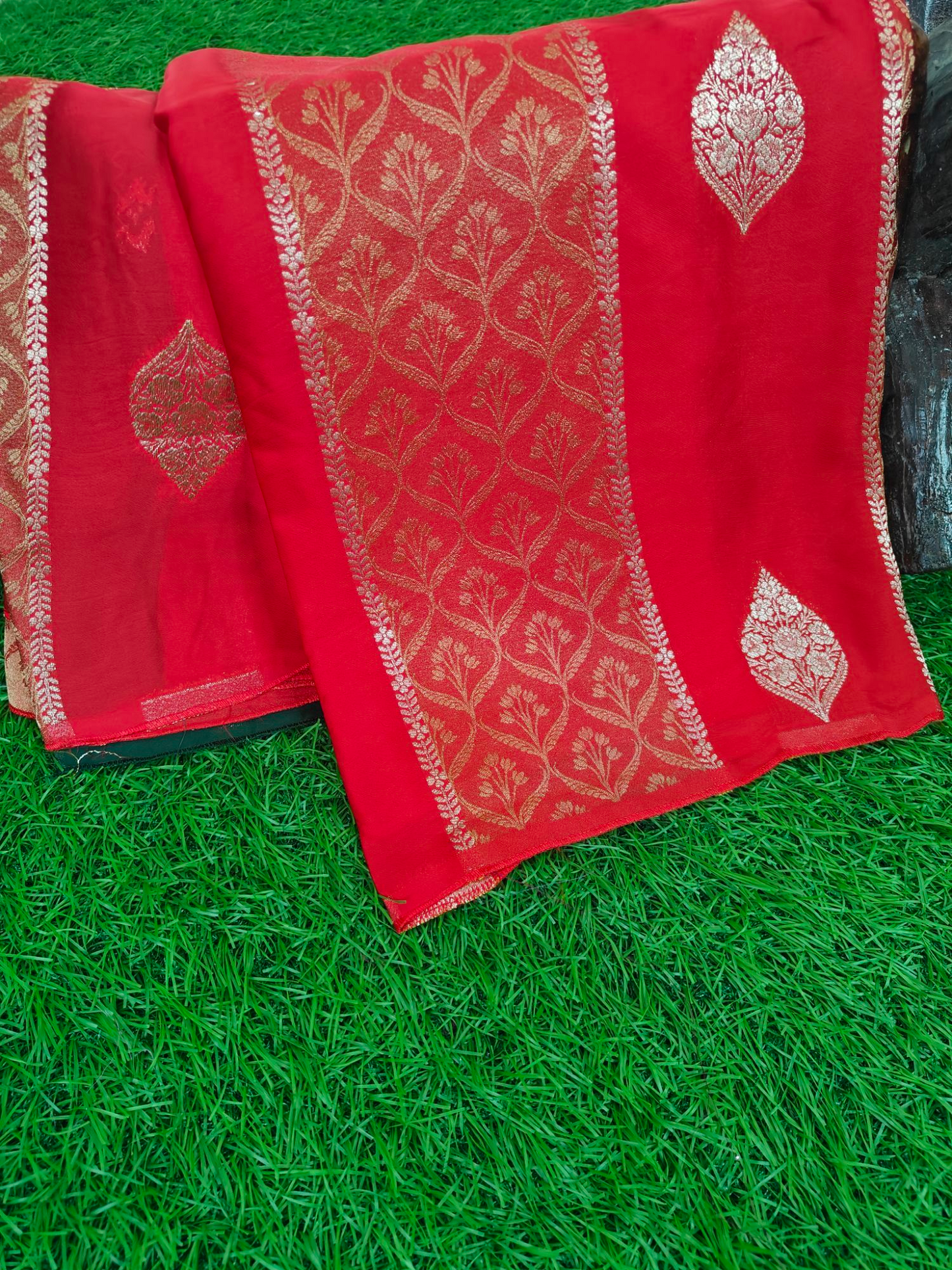 Red pure satin crepe silk saree