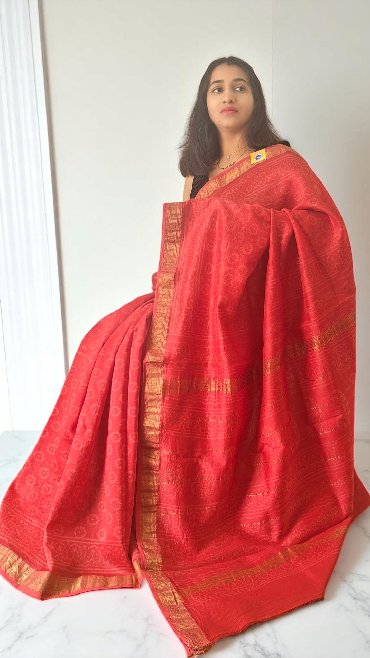 Red Maheshwari silk cotton saree
