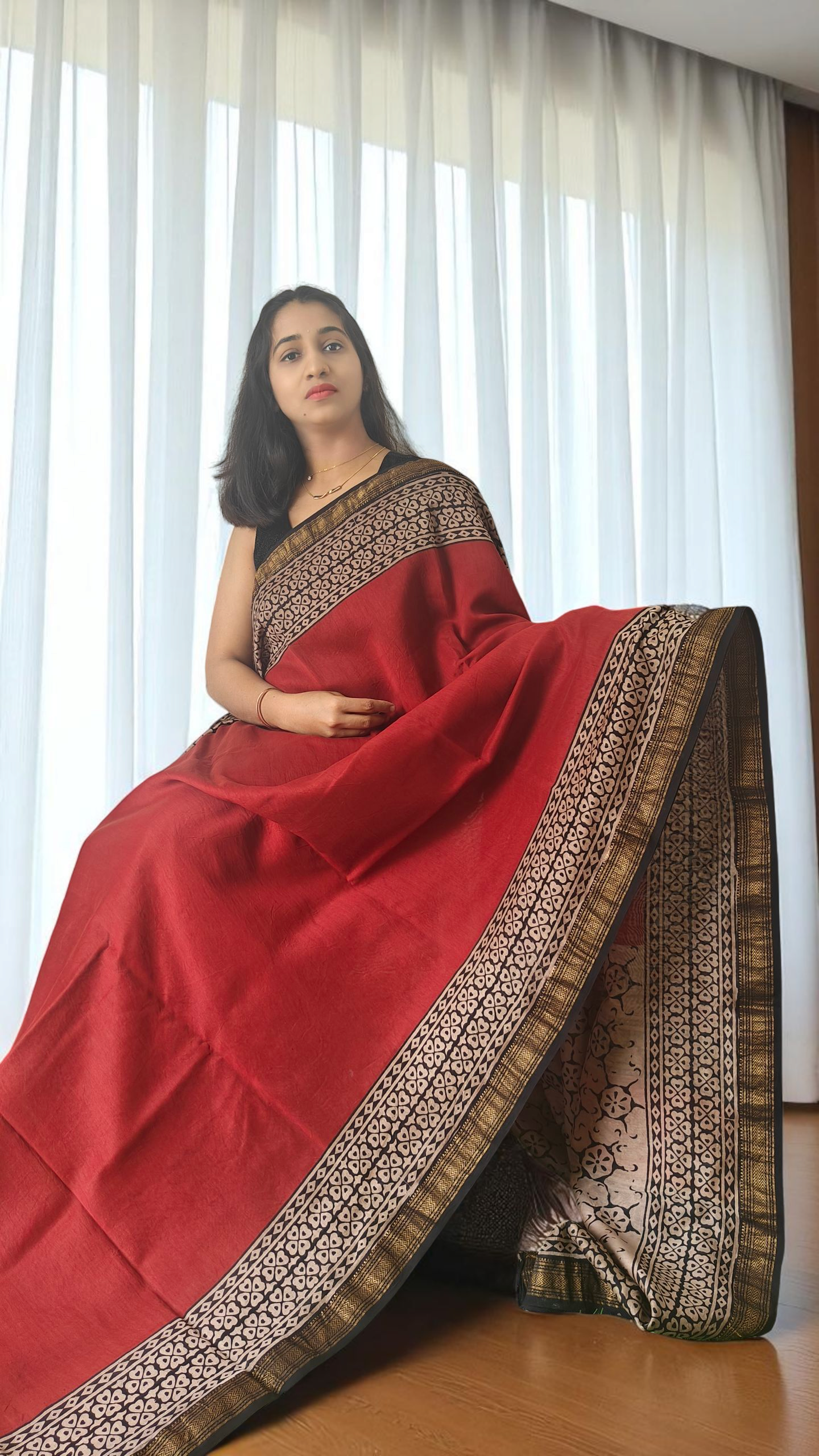 Maroon Maheshwari cotton silk Saree