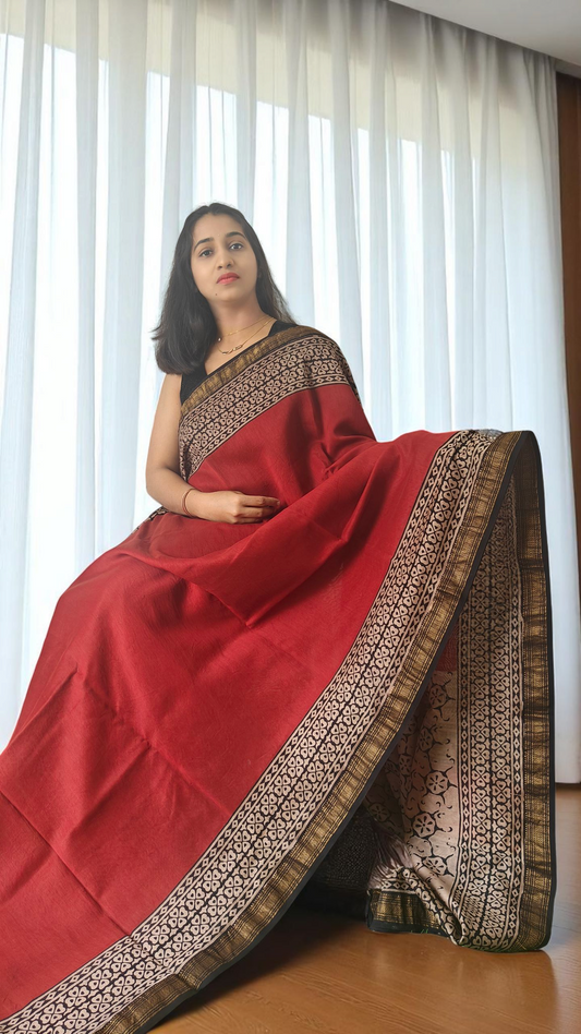 Maroon Maheshwari cotton silk Saree