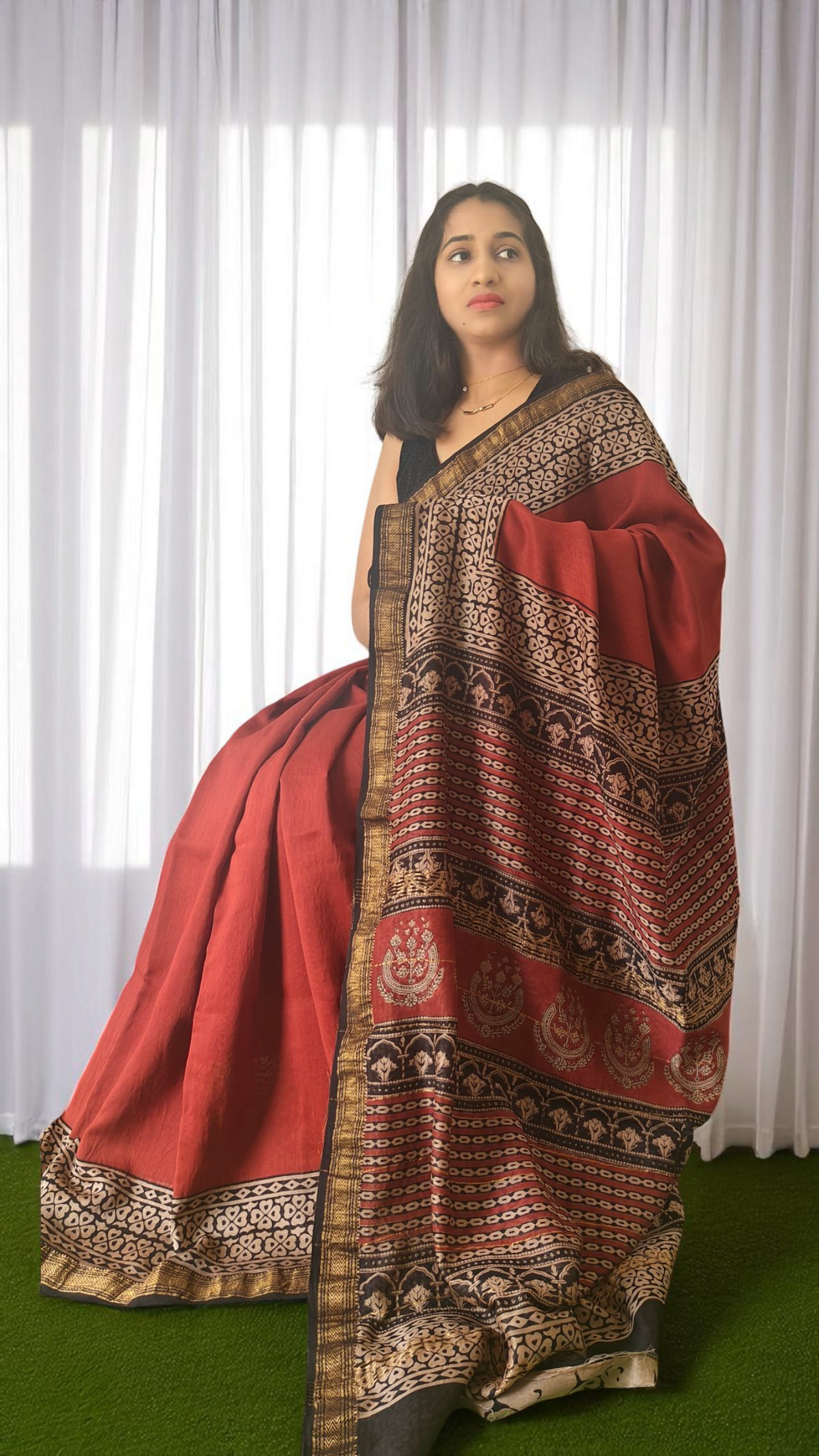 Maroon Maheshwari cotton silk Saree