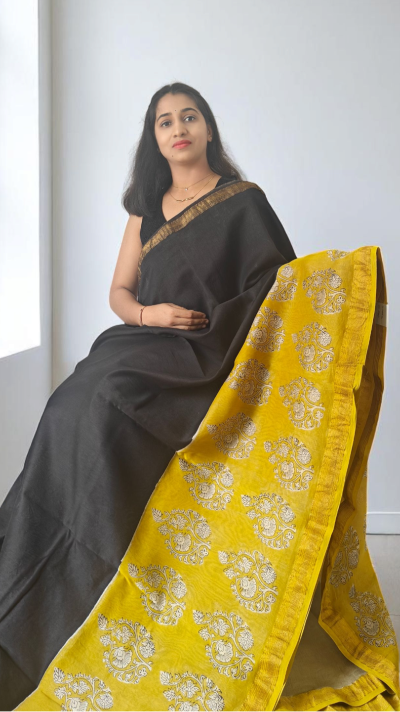Black & yellow Maheshwari silk cotton Saree