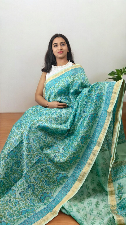 Sea green floral Maheshwari silk cotton saree