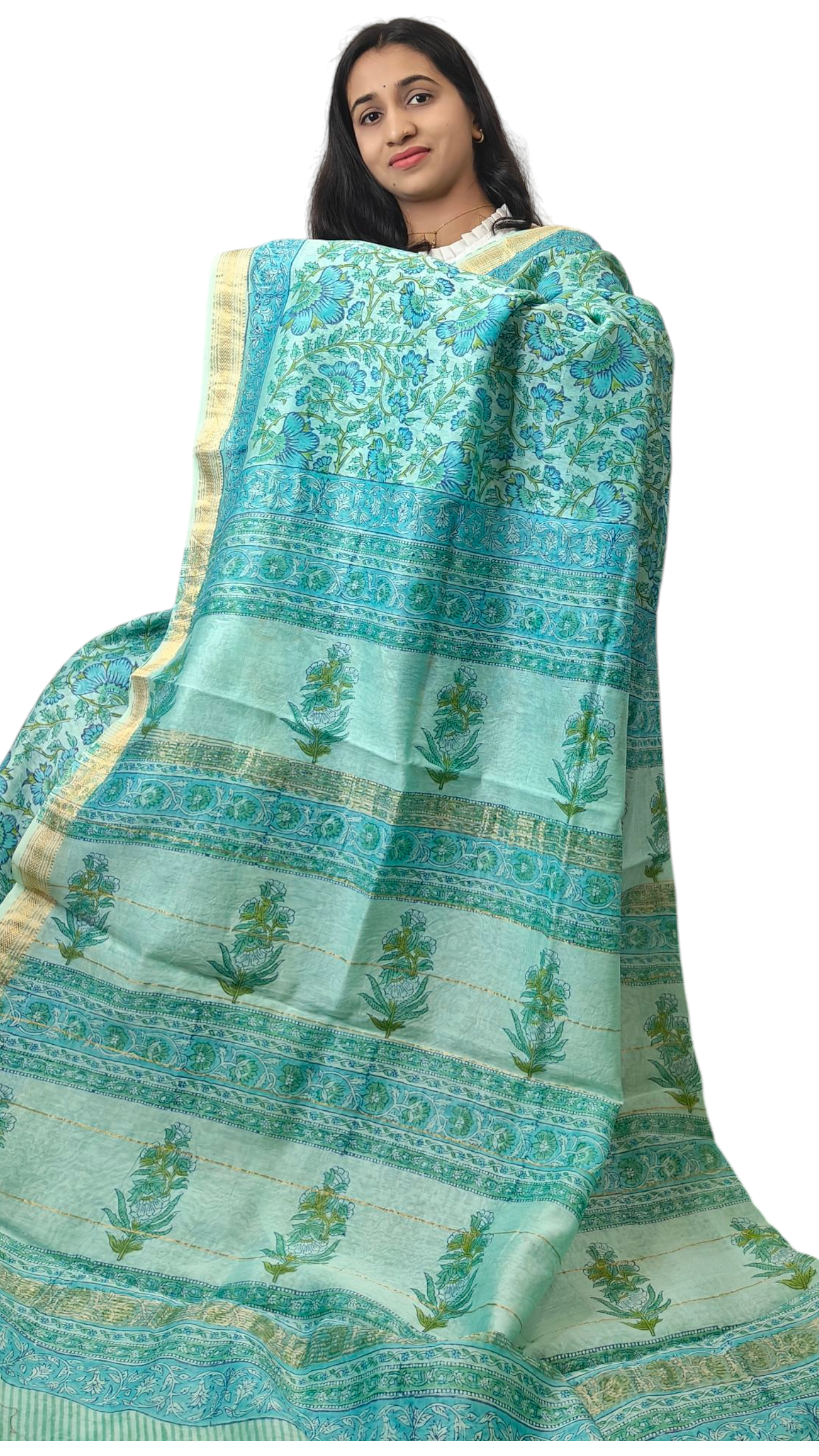 Sea green floral Maheshwari silk cotton saree