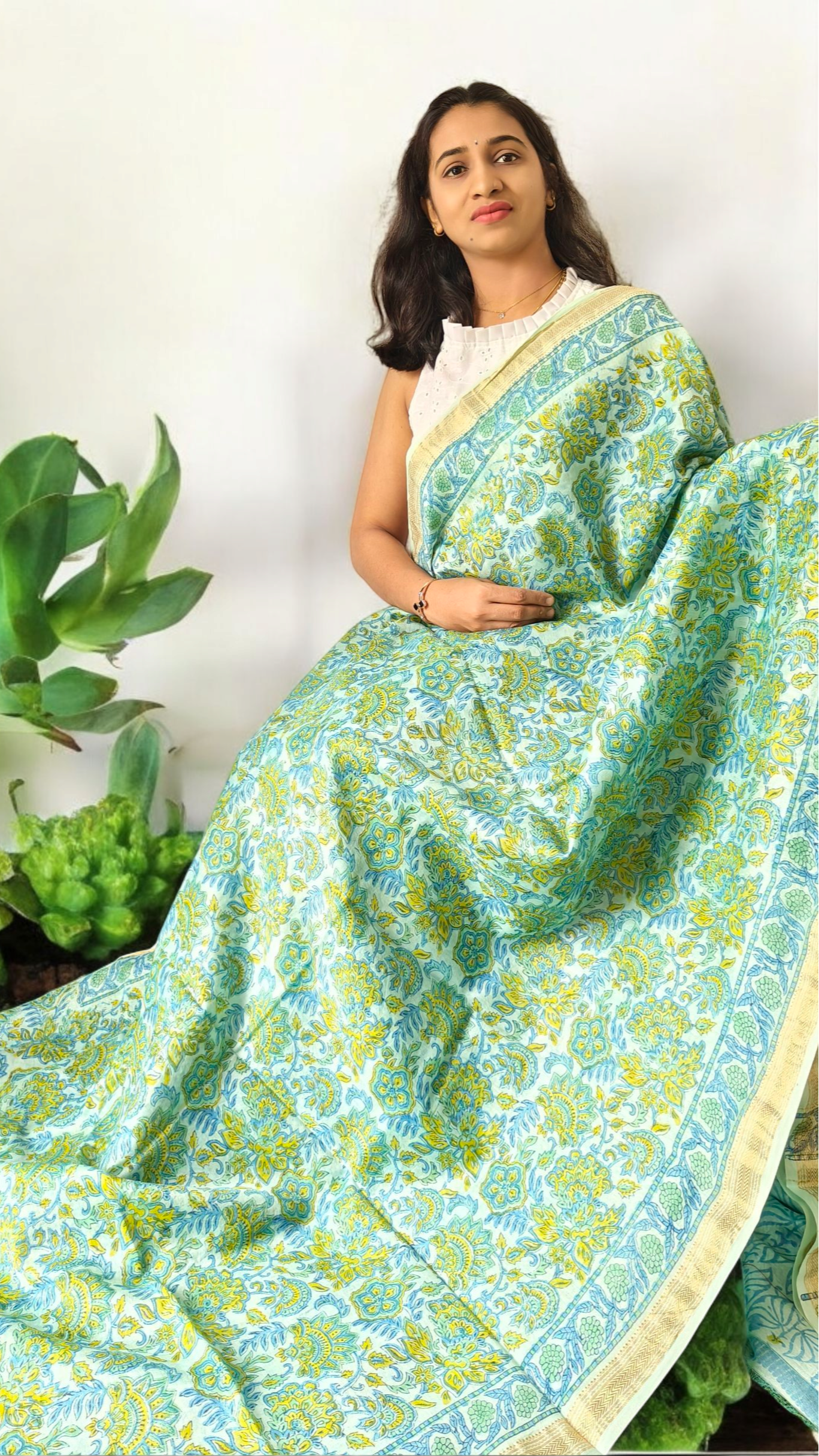 Sea green floral Maheshwari silk cotton saree
