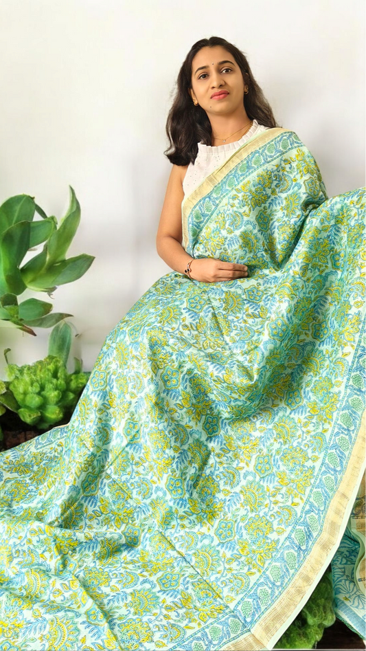 Sea green floral Maheshwari silk cotton saree