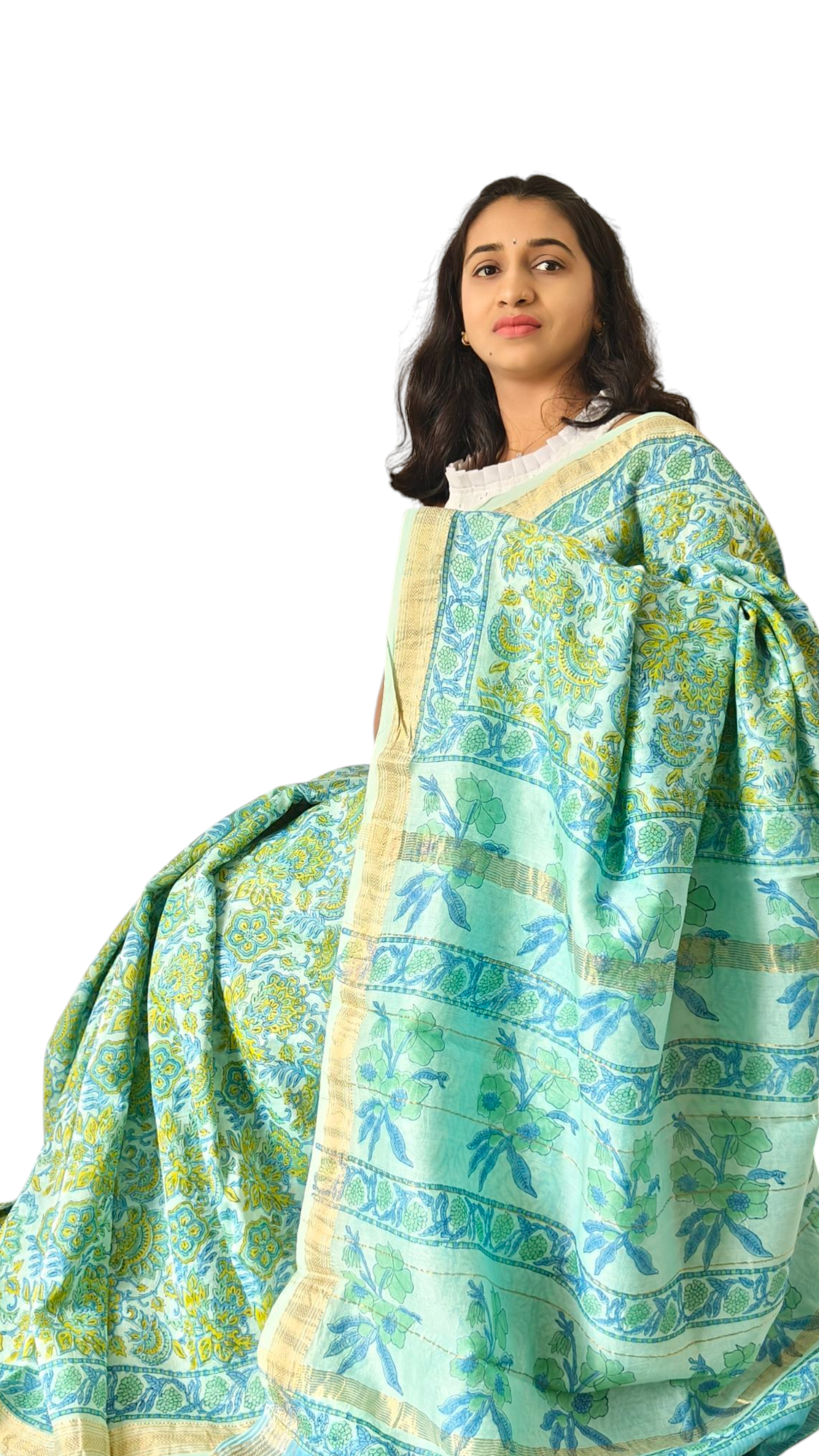 Sea green floral Maheshwari silk cotton saree