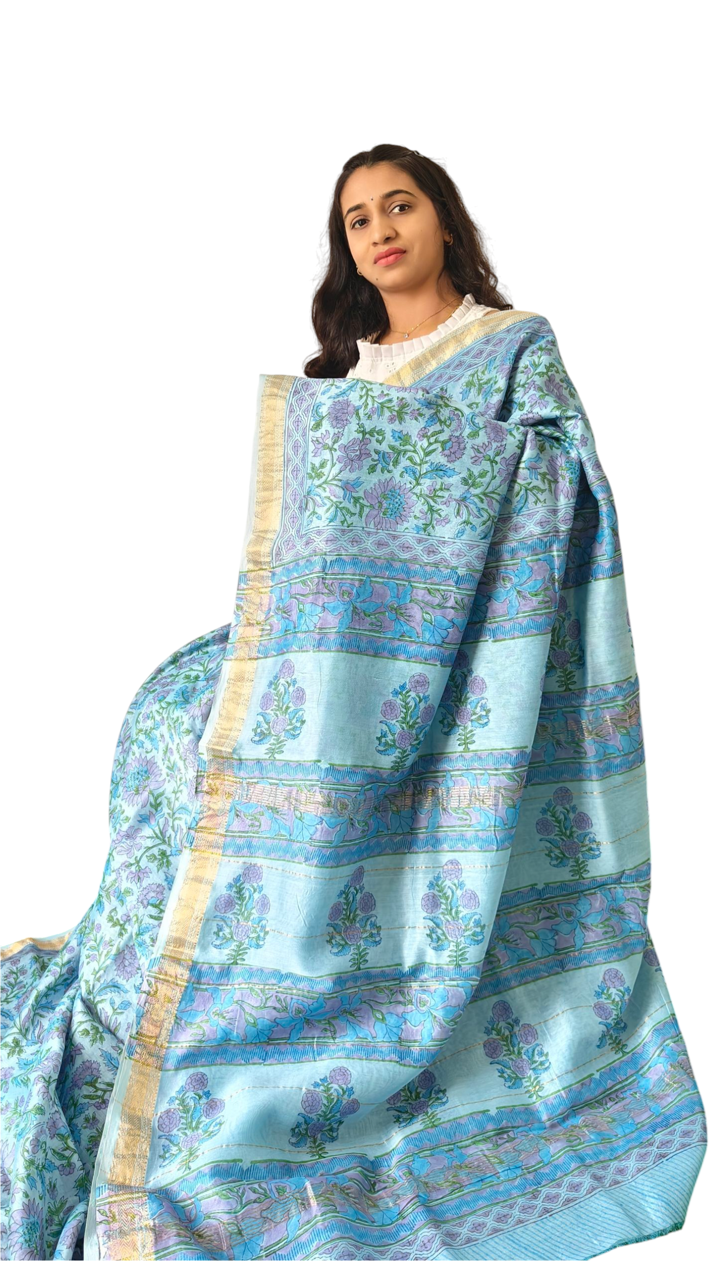 Light Blue floral printed Maheshwari silk cotton saree