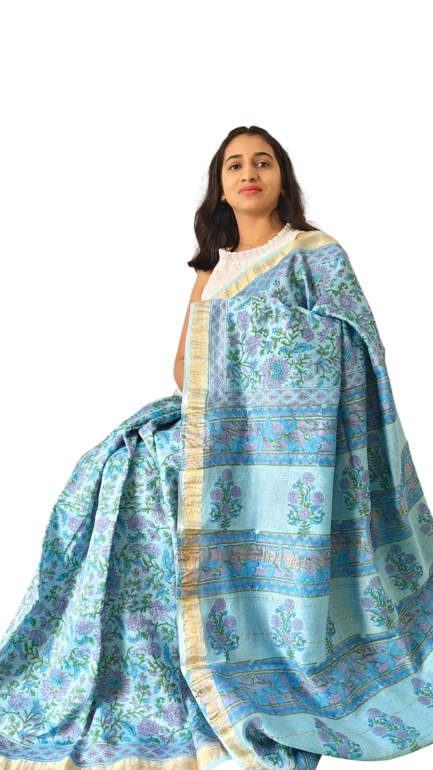 Light Blue floral printed Maheshwari silk cotton saree
