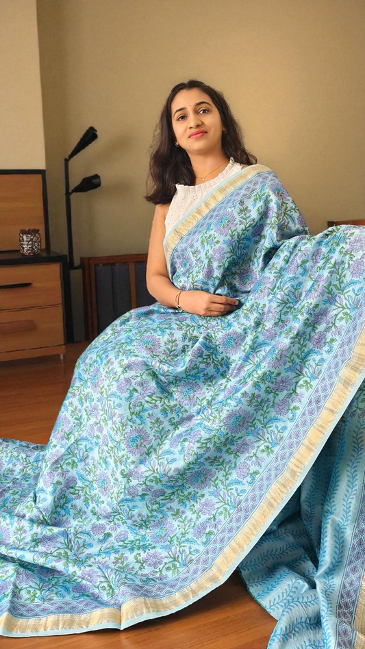 Light Blue floral printed Maheshwari silk cotton saree