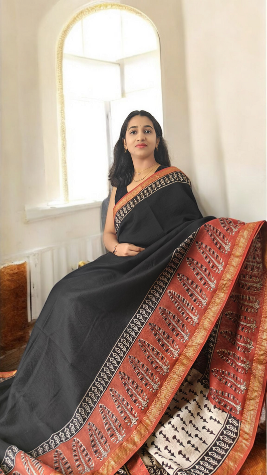 Black Maheshwari silk cotton saree