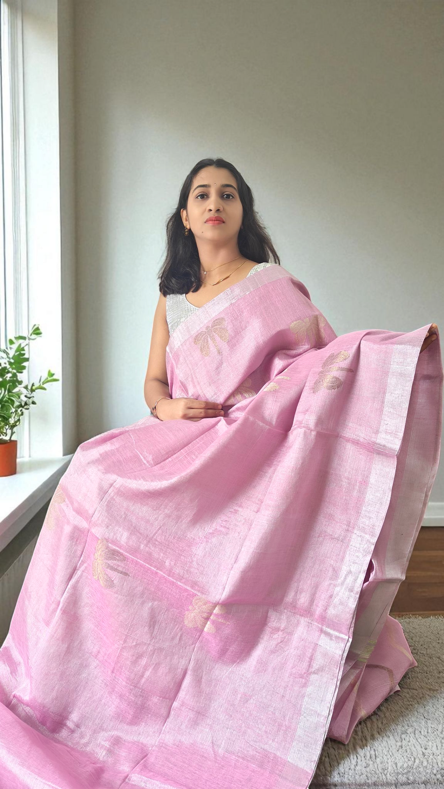 Baby pink Pure metallic linen saree