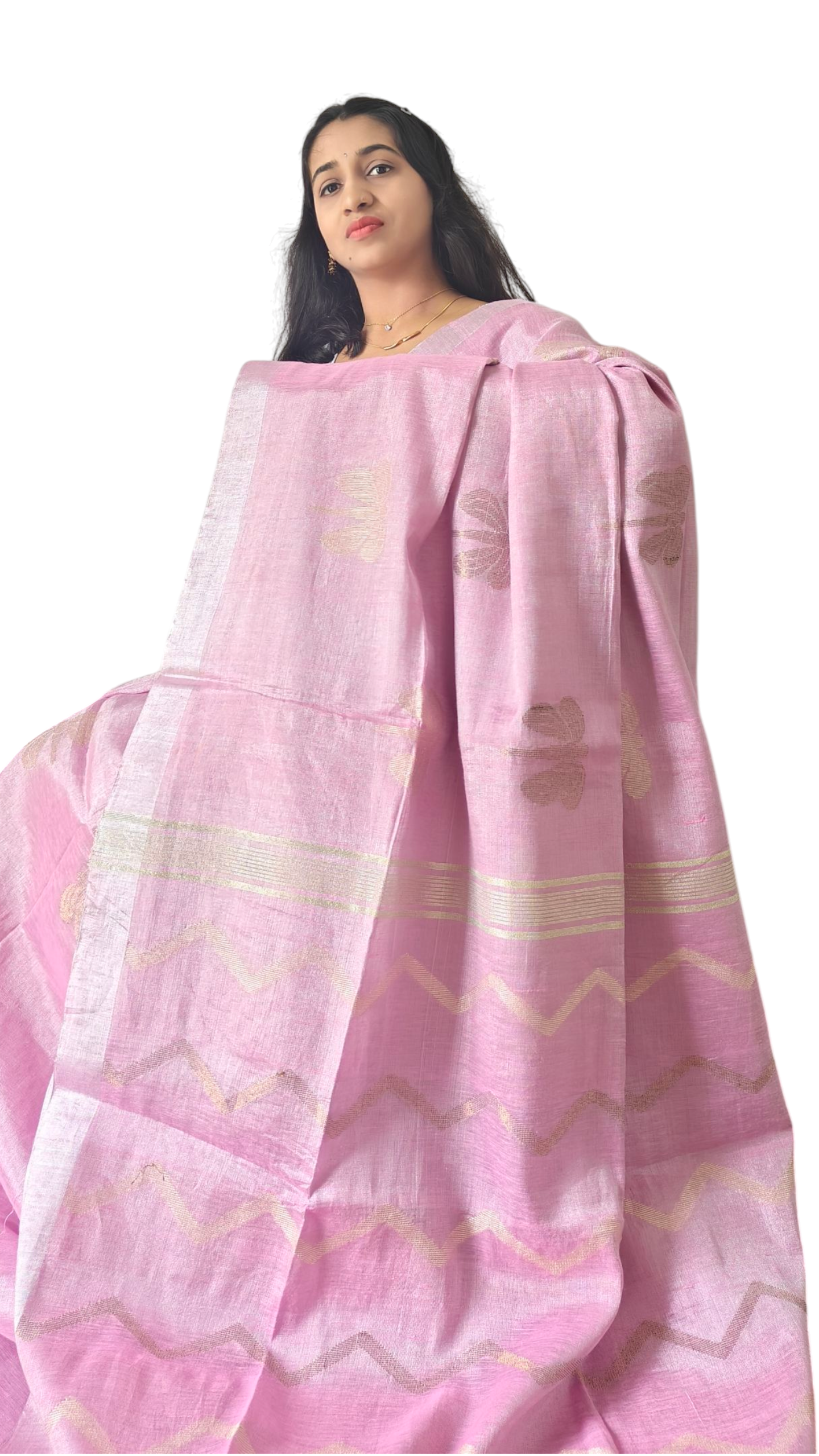 Baby pink Pure metallic linen saree