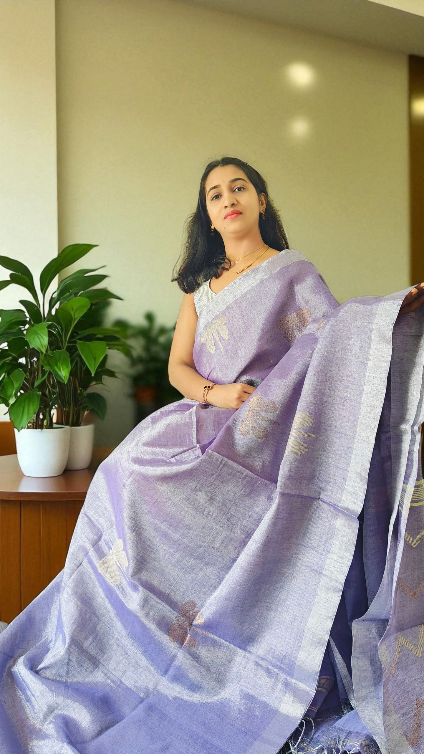 Lavender Pure metallic linen saree
