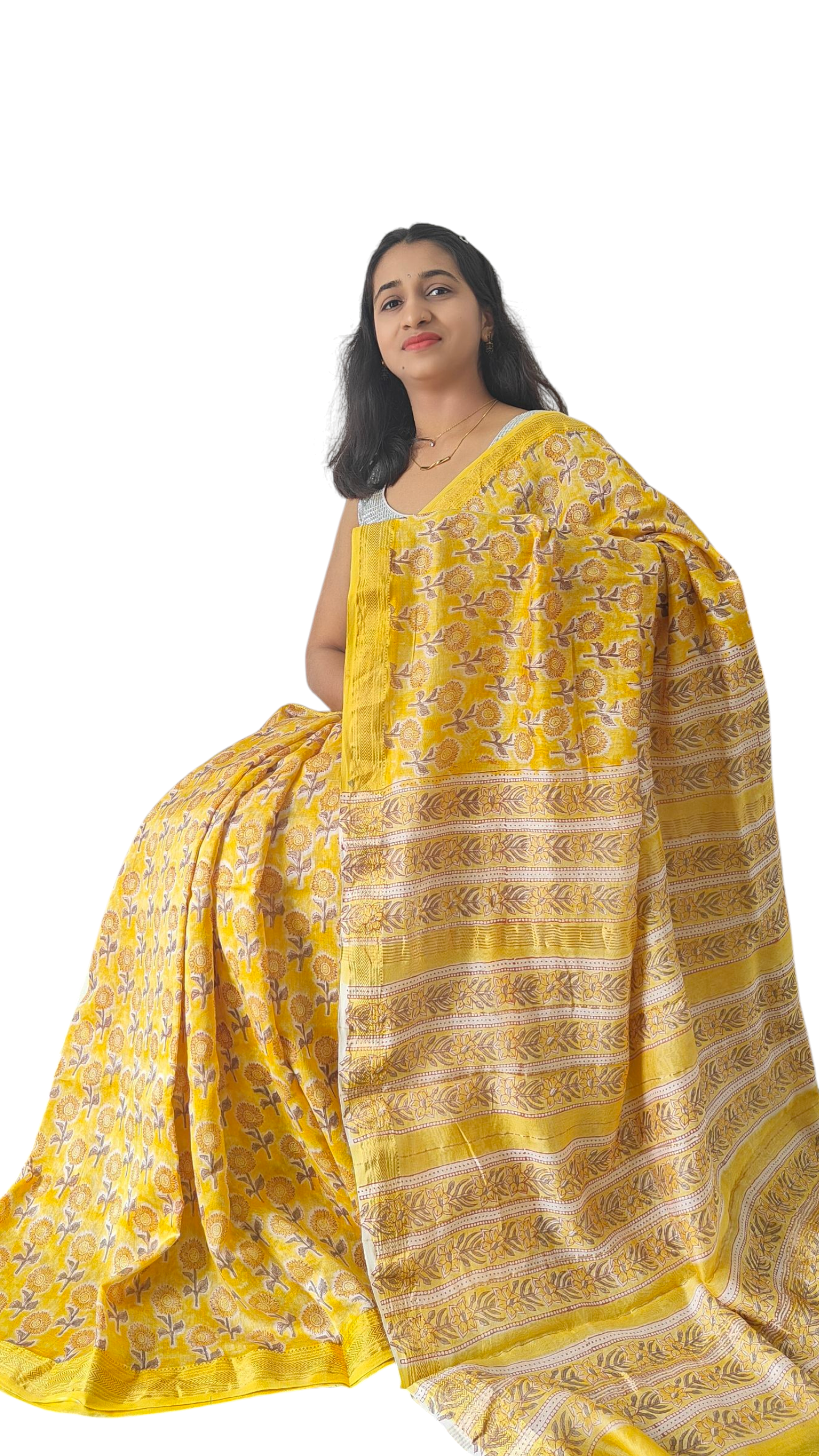 Yellow Maheshwari silk cotton saree