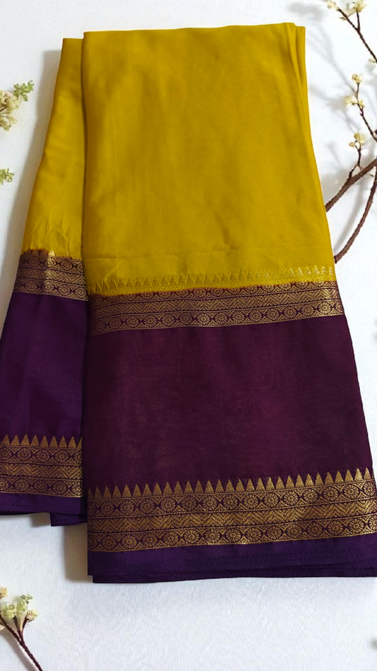 Mustard yellow & purple semi crepe silk
