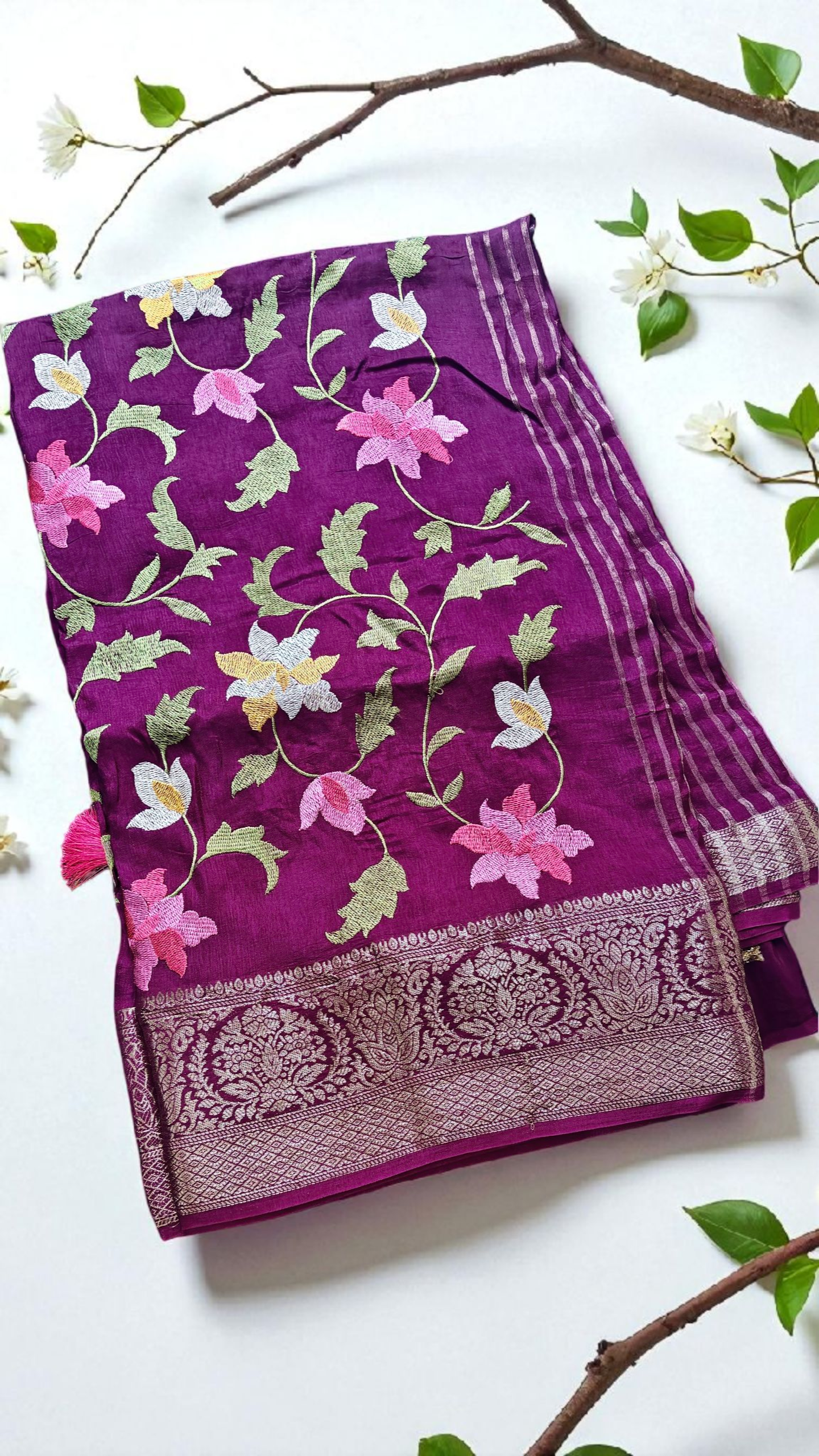 Pure munga Purple Embroidery saree