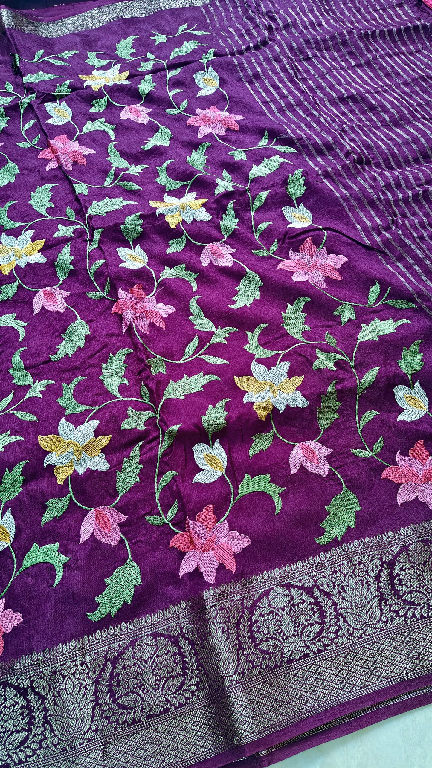 Pure munga Purple Embroidery saree