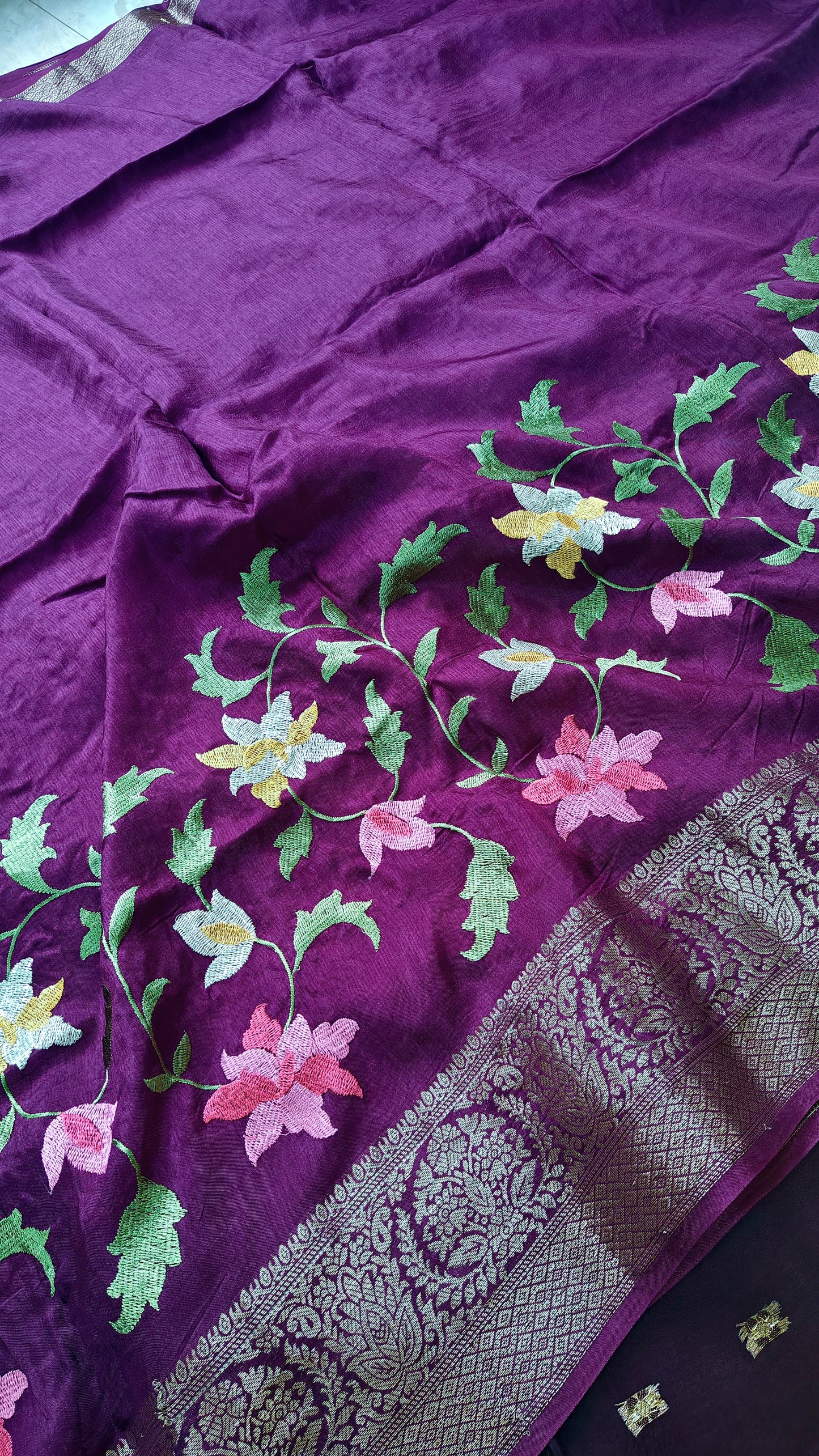 Pure munga Purple Embroidery saree