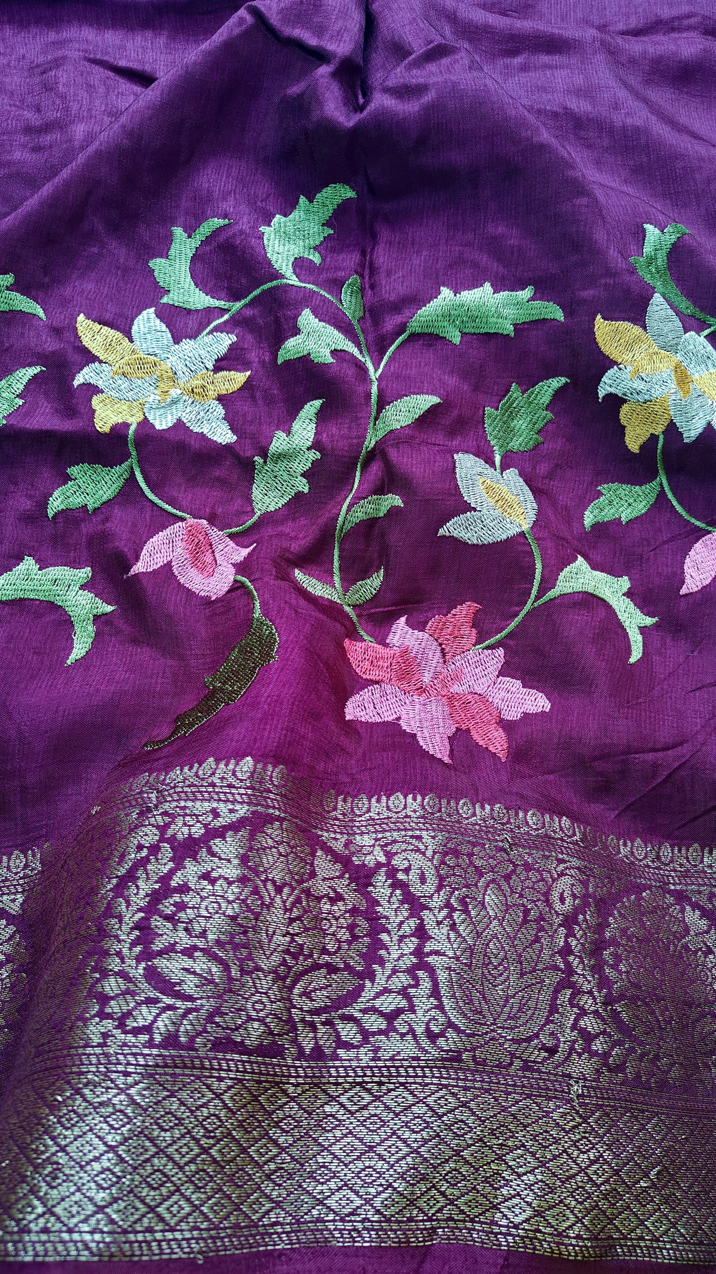 Pure munga Purple Embroidery saree