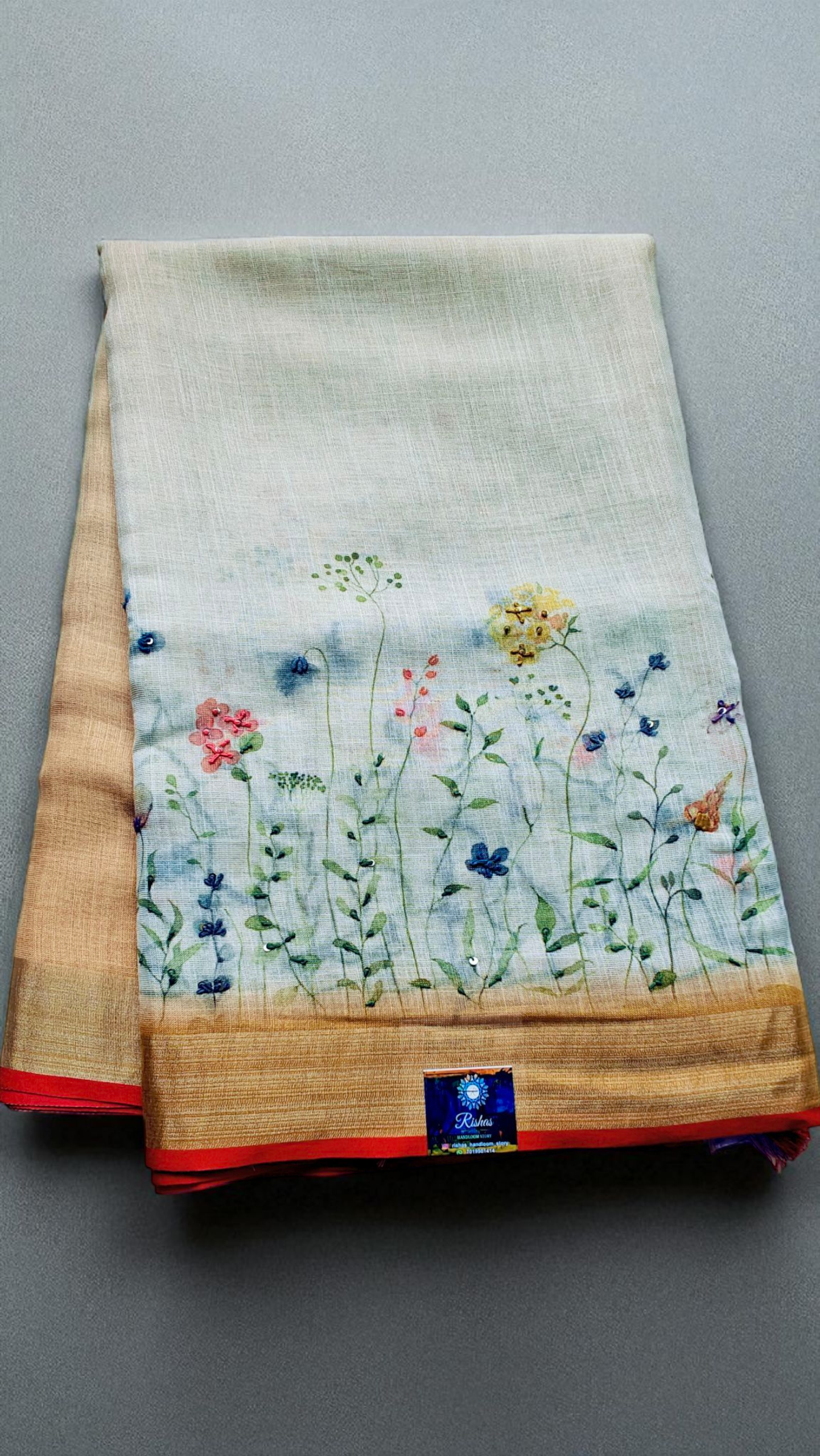 Golden white pure hand painted linen saree
