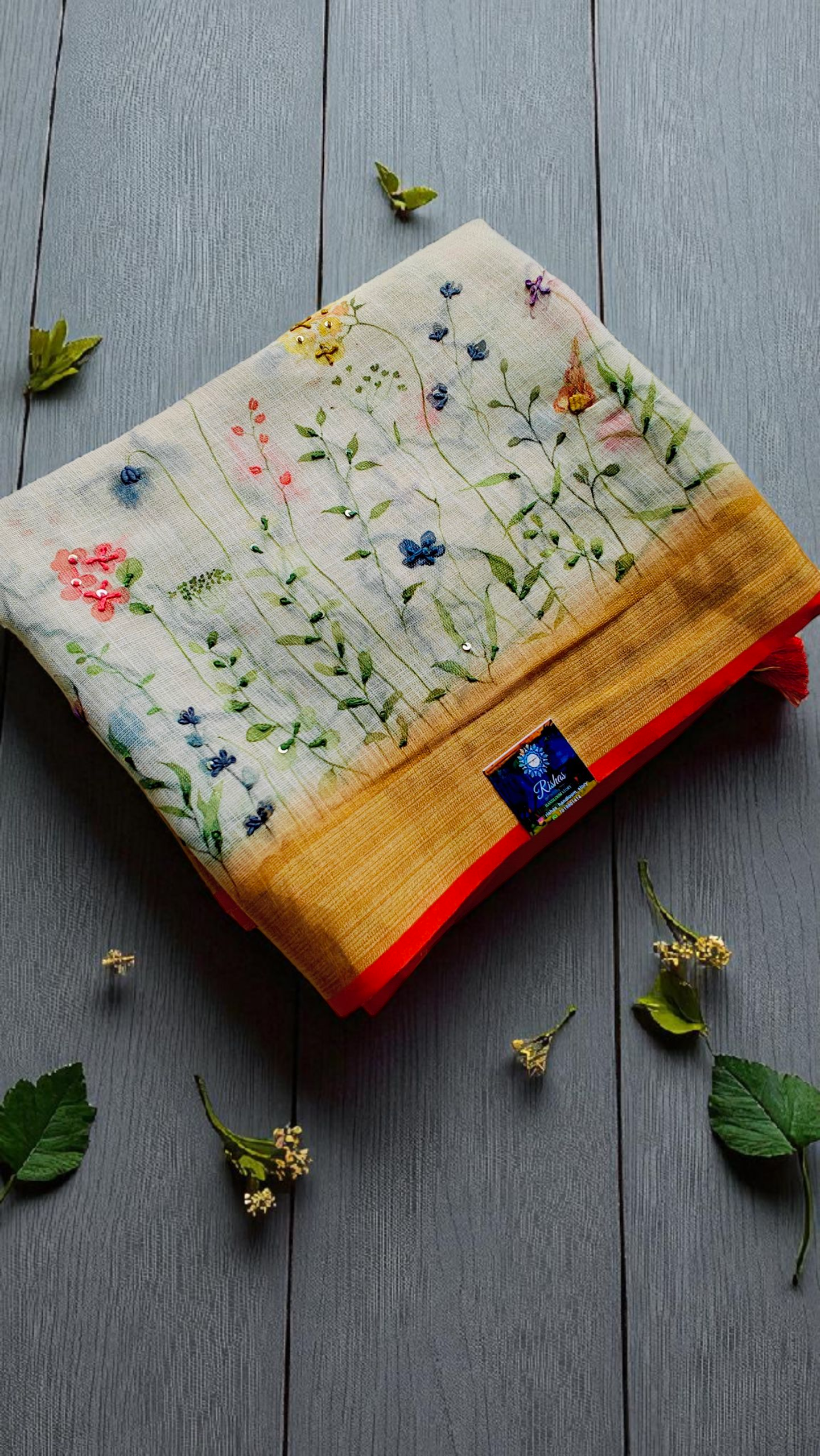 Golden white pure hand painted linen saree