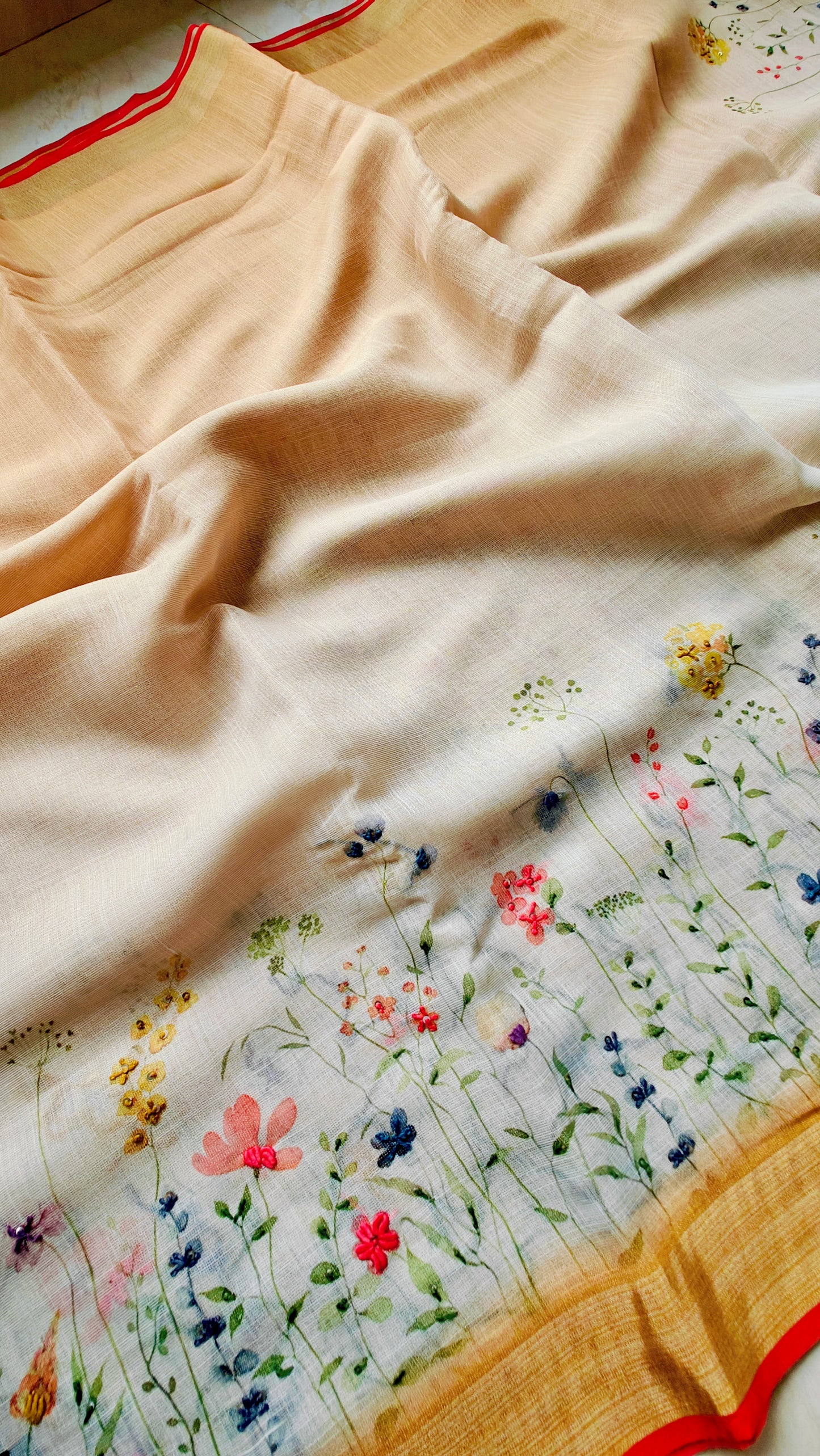 Golden white pure hand painted linen saree