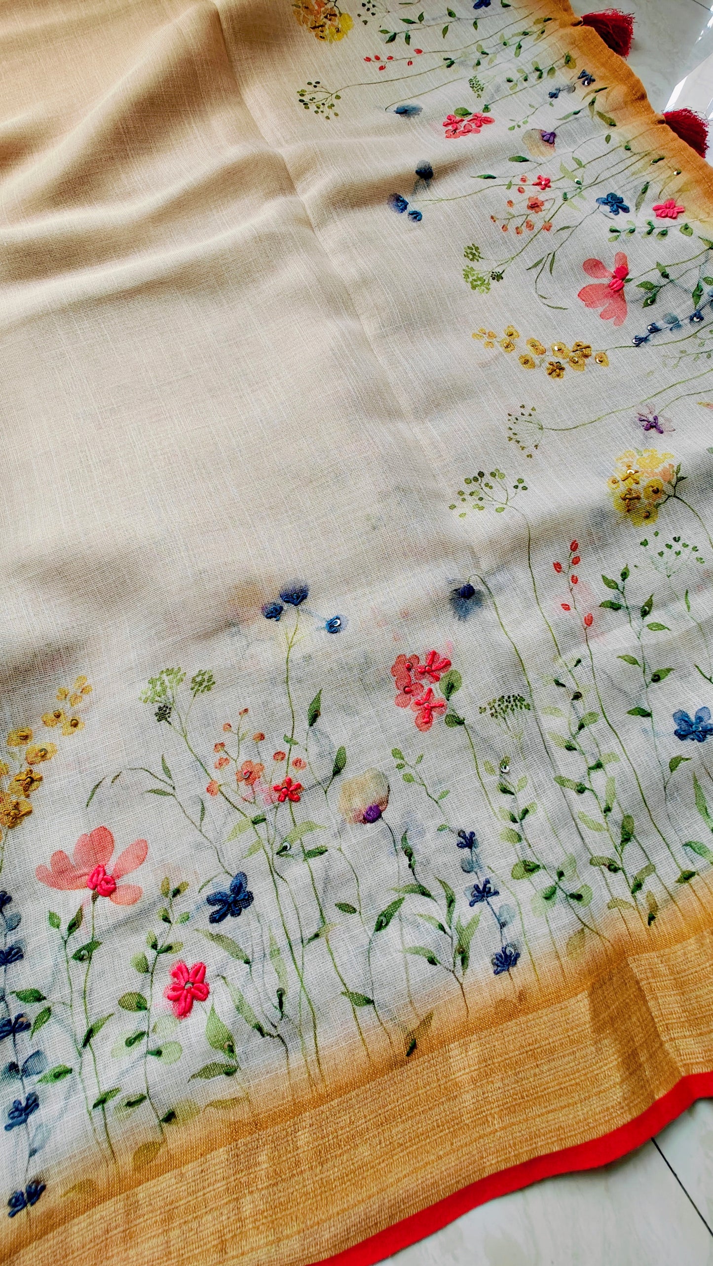 Golden white pure hand painted linen saree